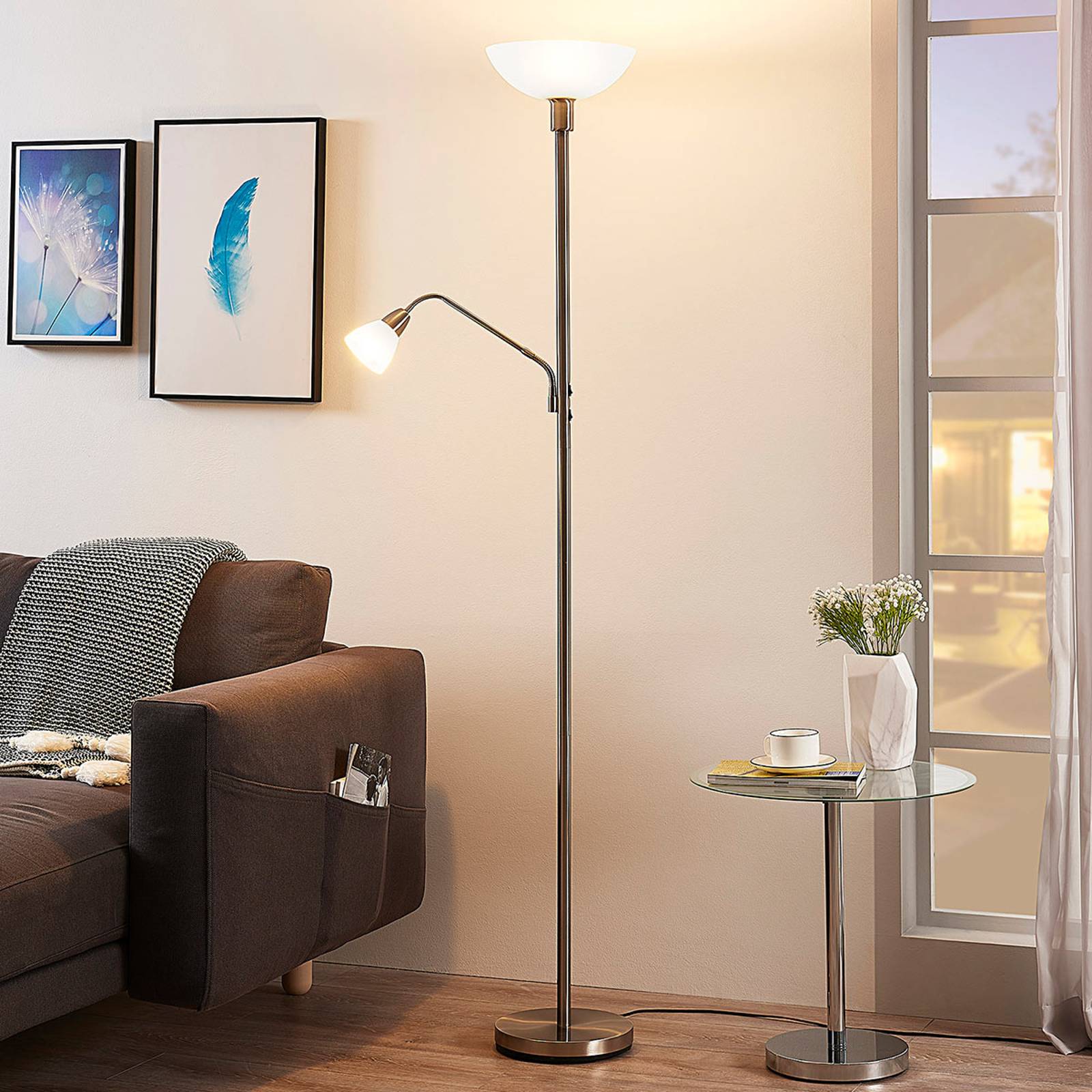 Nickelfärgad LED-taklampa Jost med läslampa