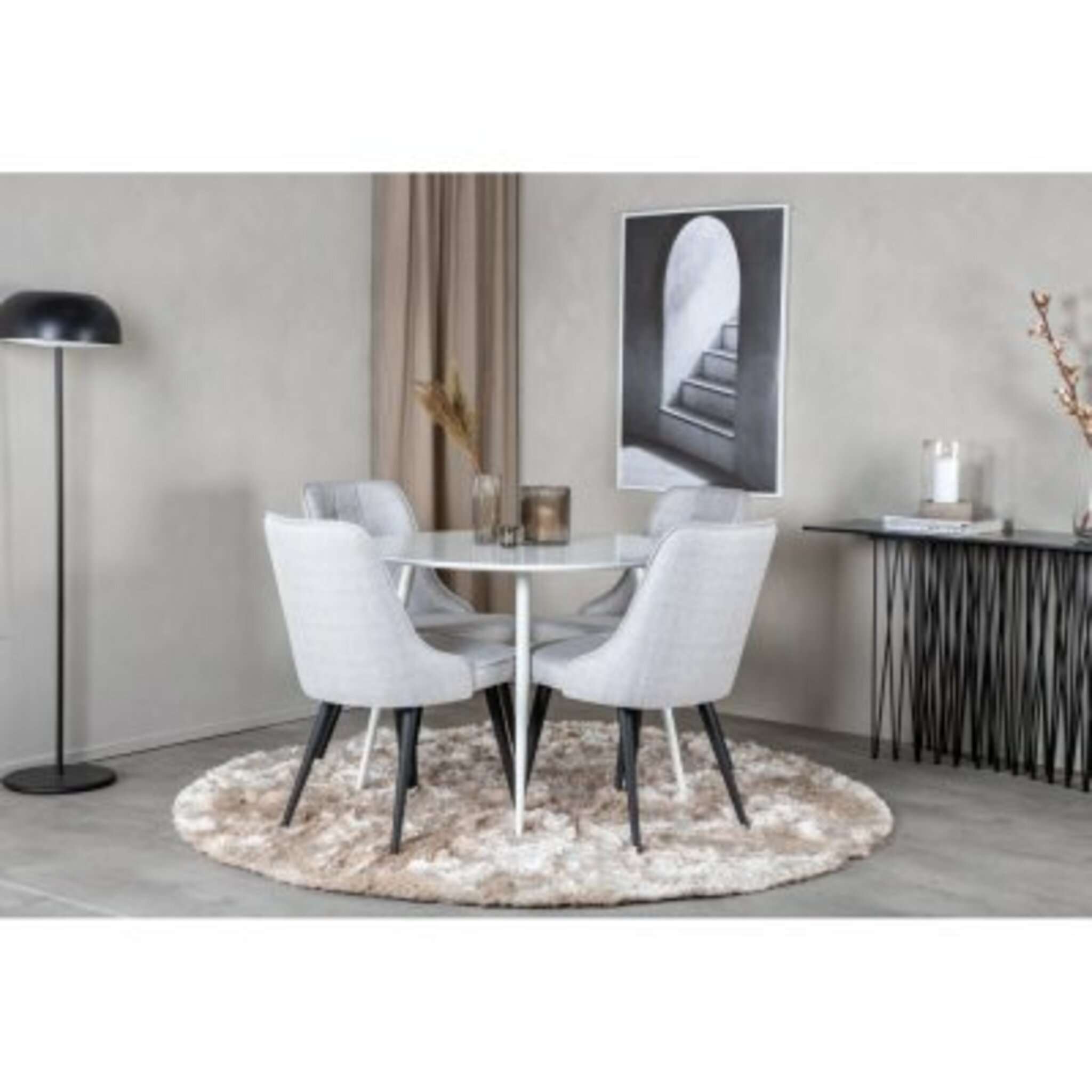 Matgrupp, matbord Plaza Ø100cm, vit + 4 st matstol Velvet Deluxe, ljusgrå/svart
