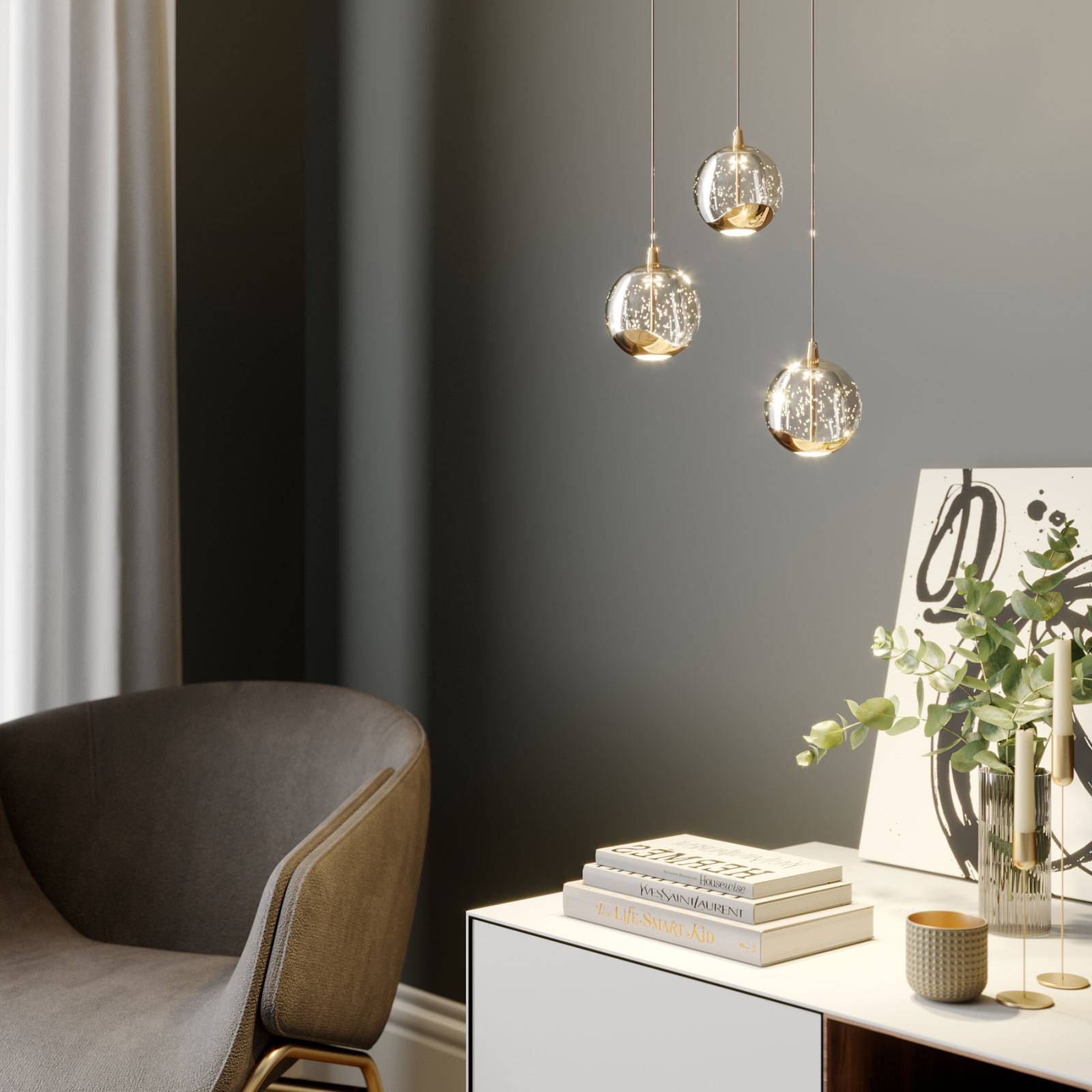 LED-pendellampa Hayley, glas, guld, 3 lampor