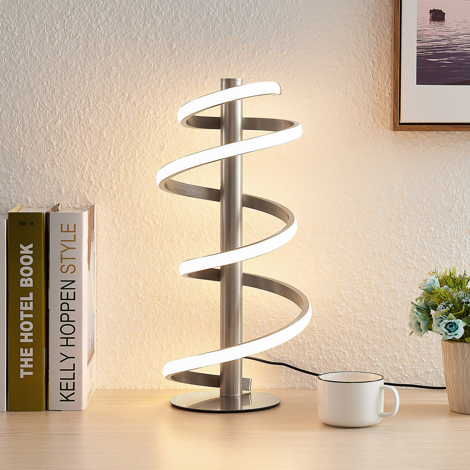 Lucande Milora LED-bordslampa, nickel satin