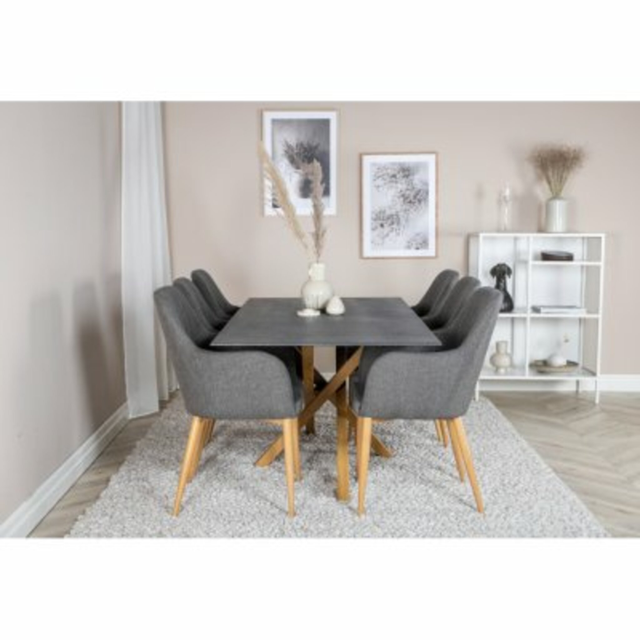 Matgrupp - Matbord Piazza 180x90 cm, glas/sten-look/ek-look + 6 st Matstol Comfort, grå/ek-look