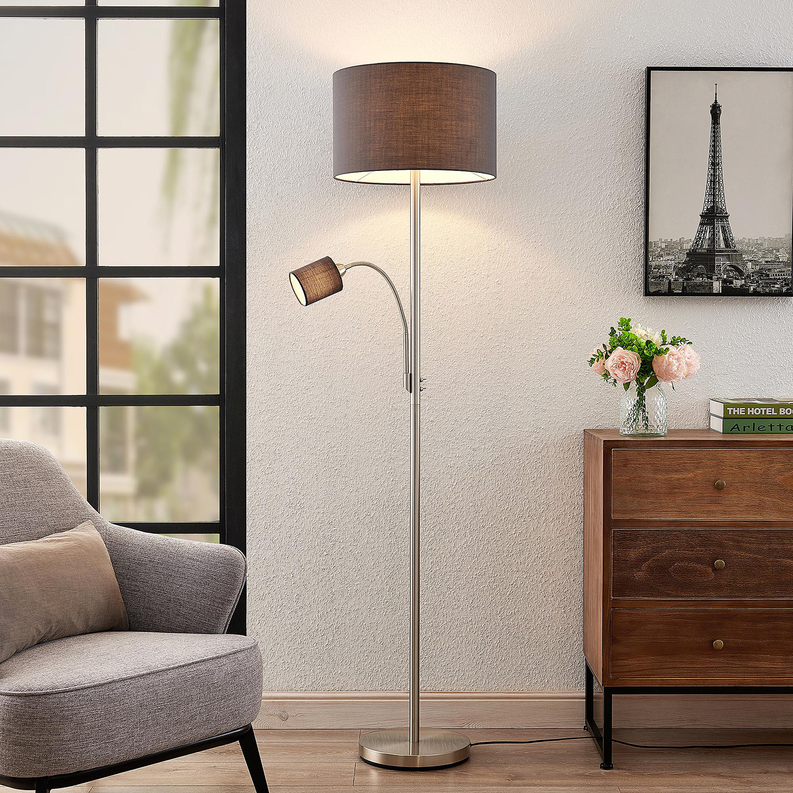 Lindby Jaileen tyggolvlampa, läslampa, grå