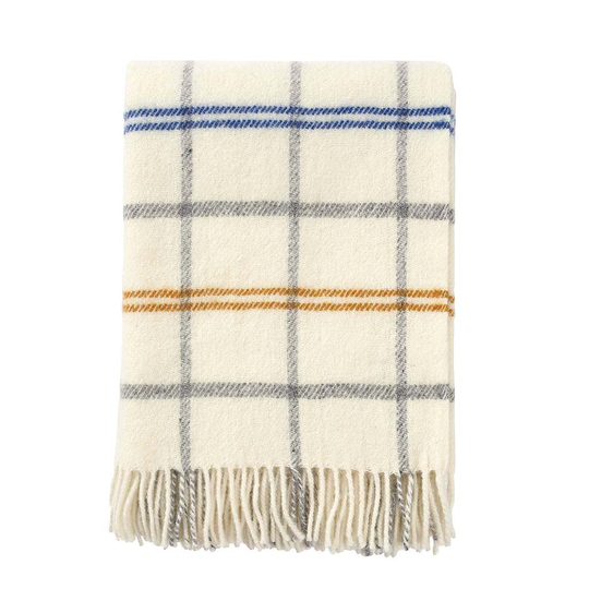 TARTAN ullpläd lammull vit gul blå Klippan Yllefabrik