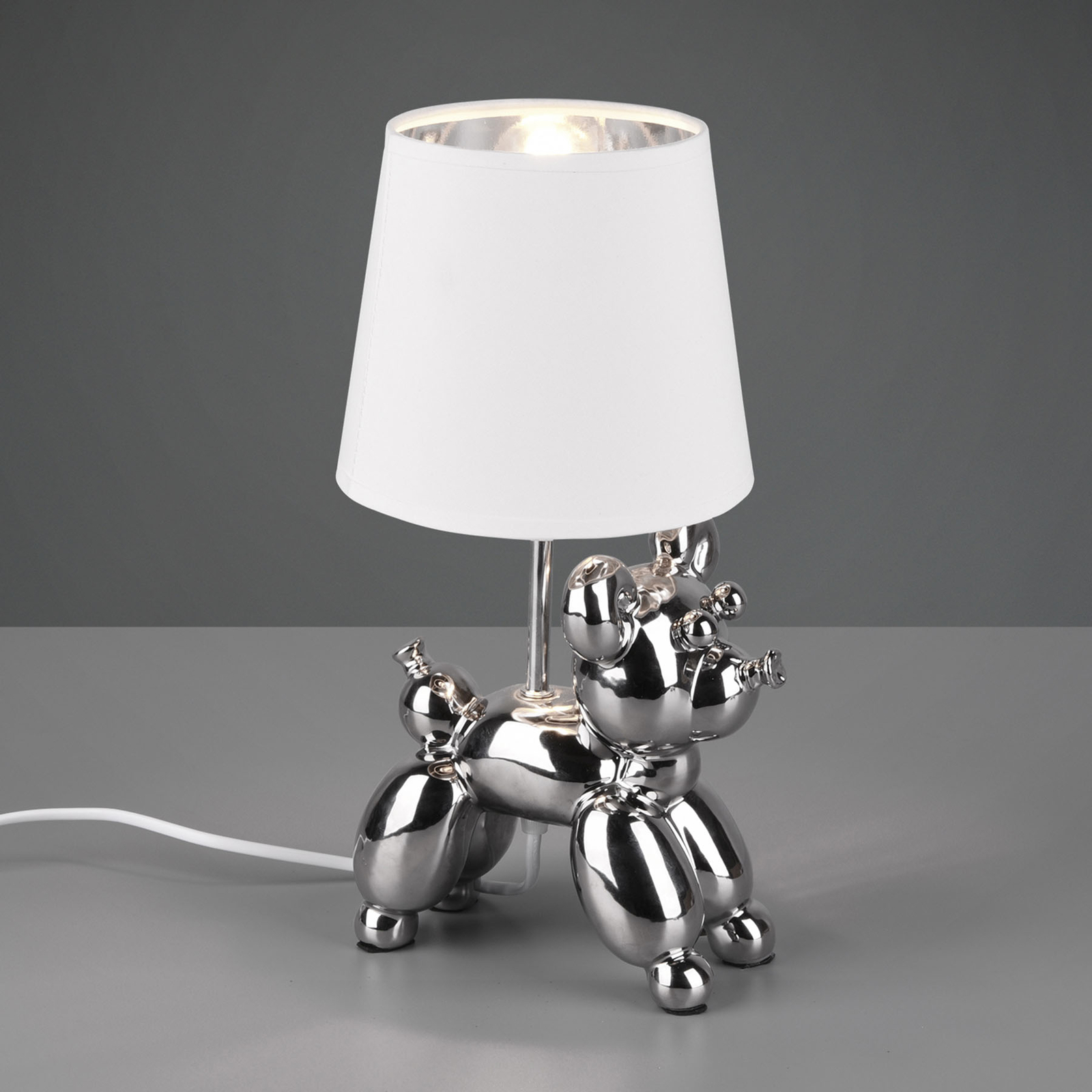 Bordslampa Bello med hundfigur, silver/vit