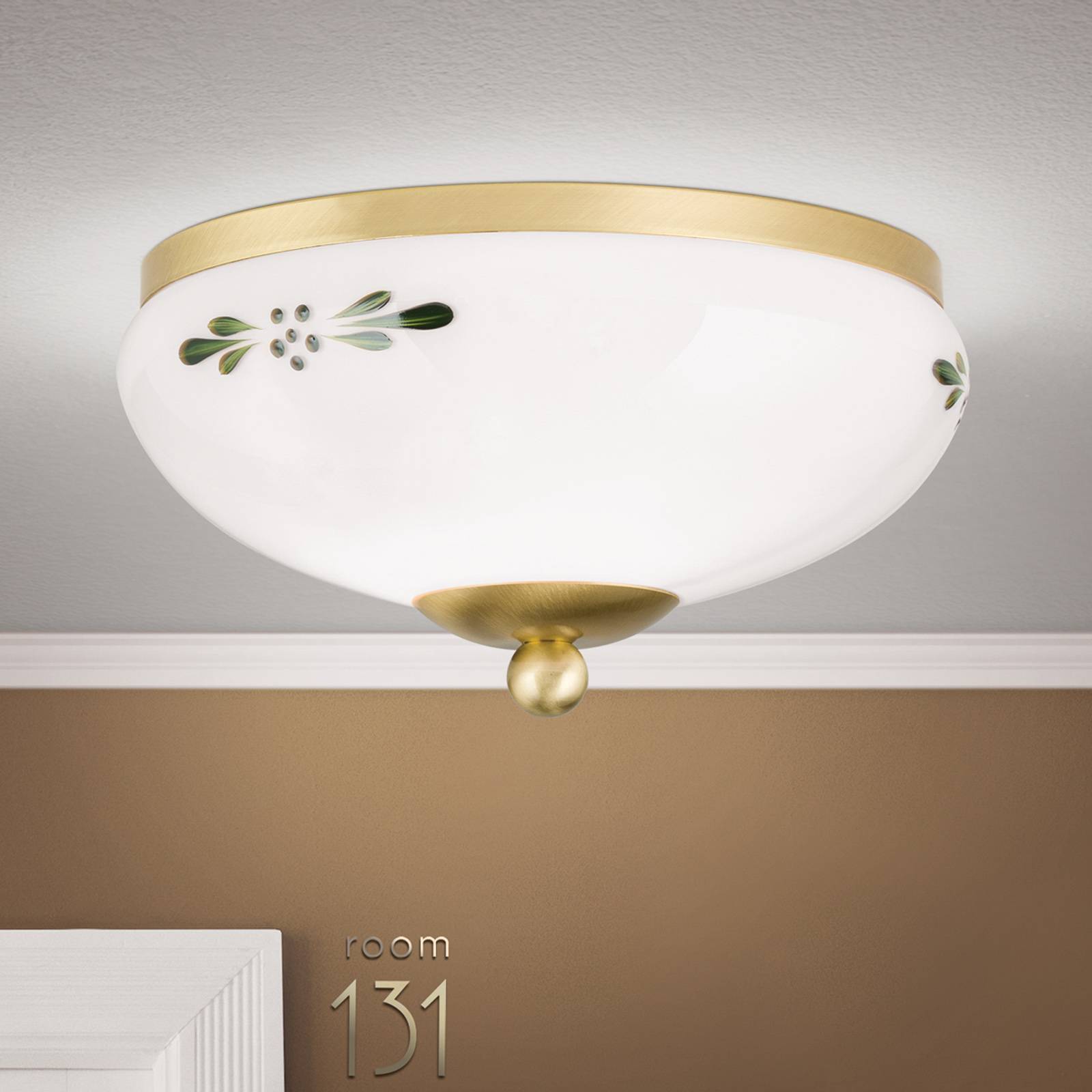 Taklampa Landhaus mässing opal grön Ø 21 cm