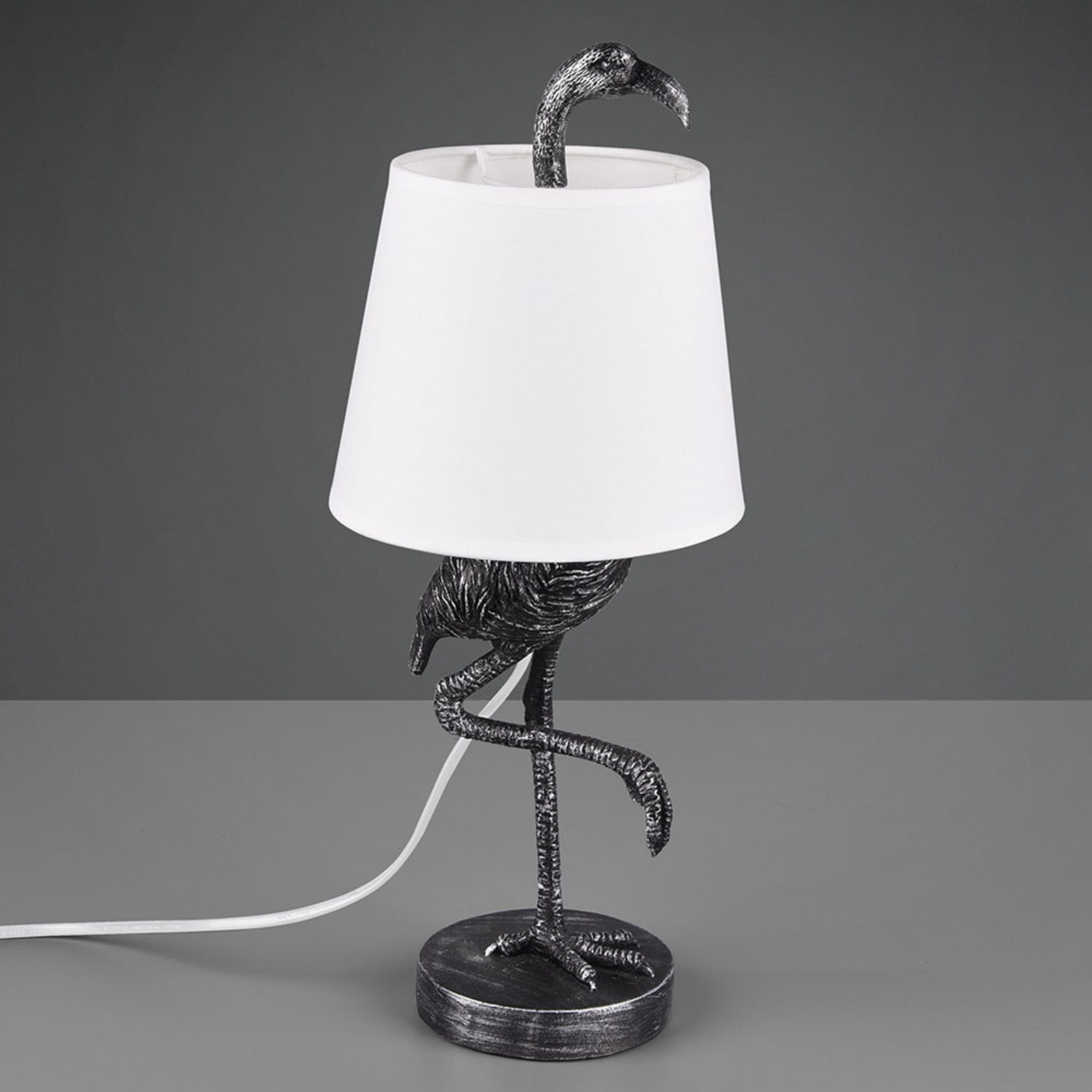Bordslampa Lola med flamingo-figur, silver/vit