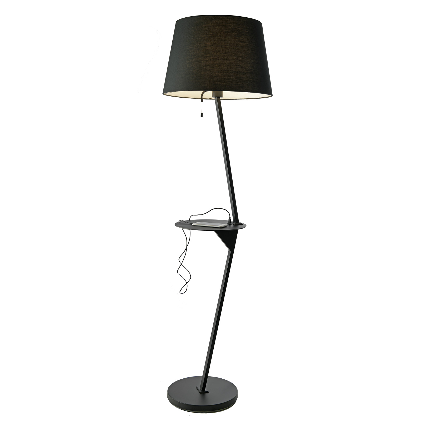 Golvlampa Tabulo II, bord och USB-port, svart