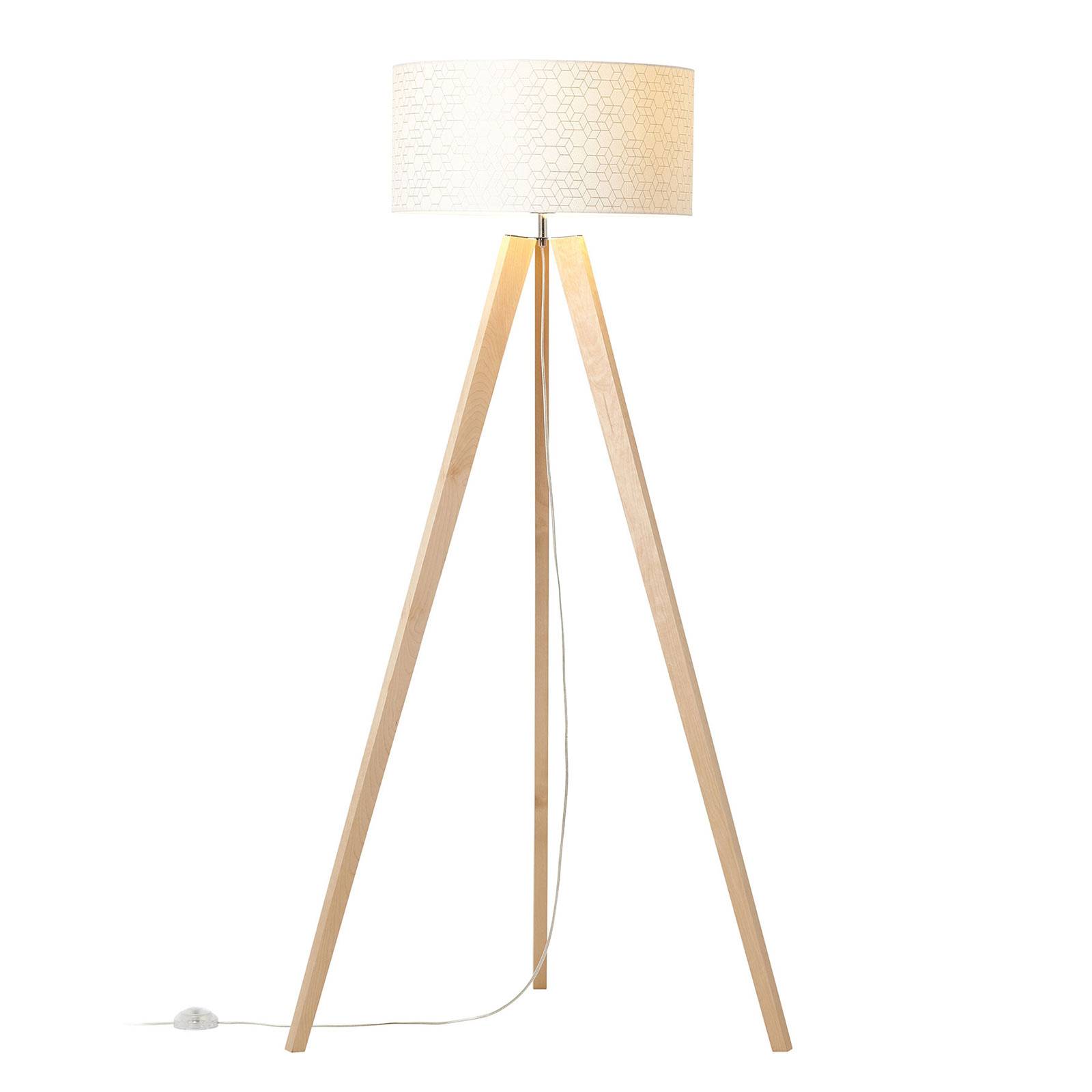 Golvlampa Galance, vit, trebent trästativ