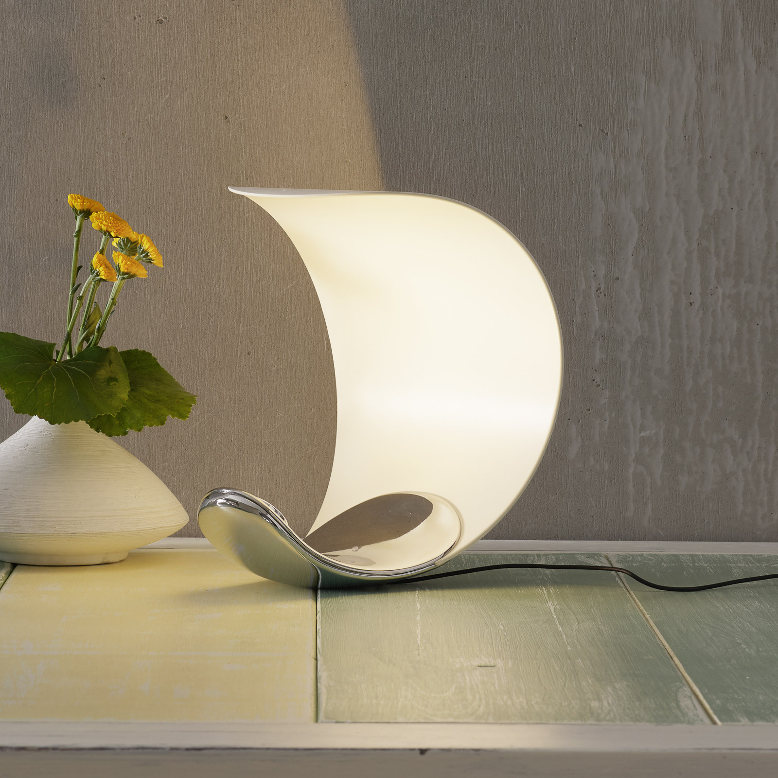 Designerbordslampa Curl vit/speglad