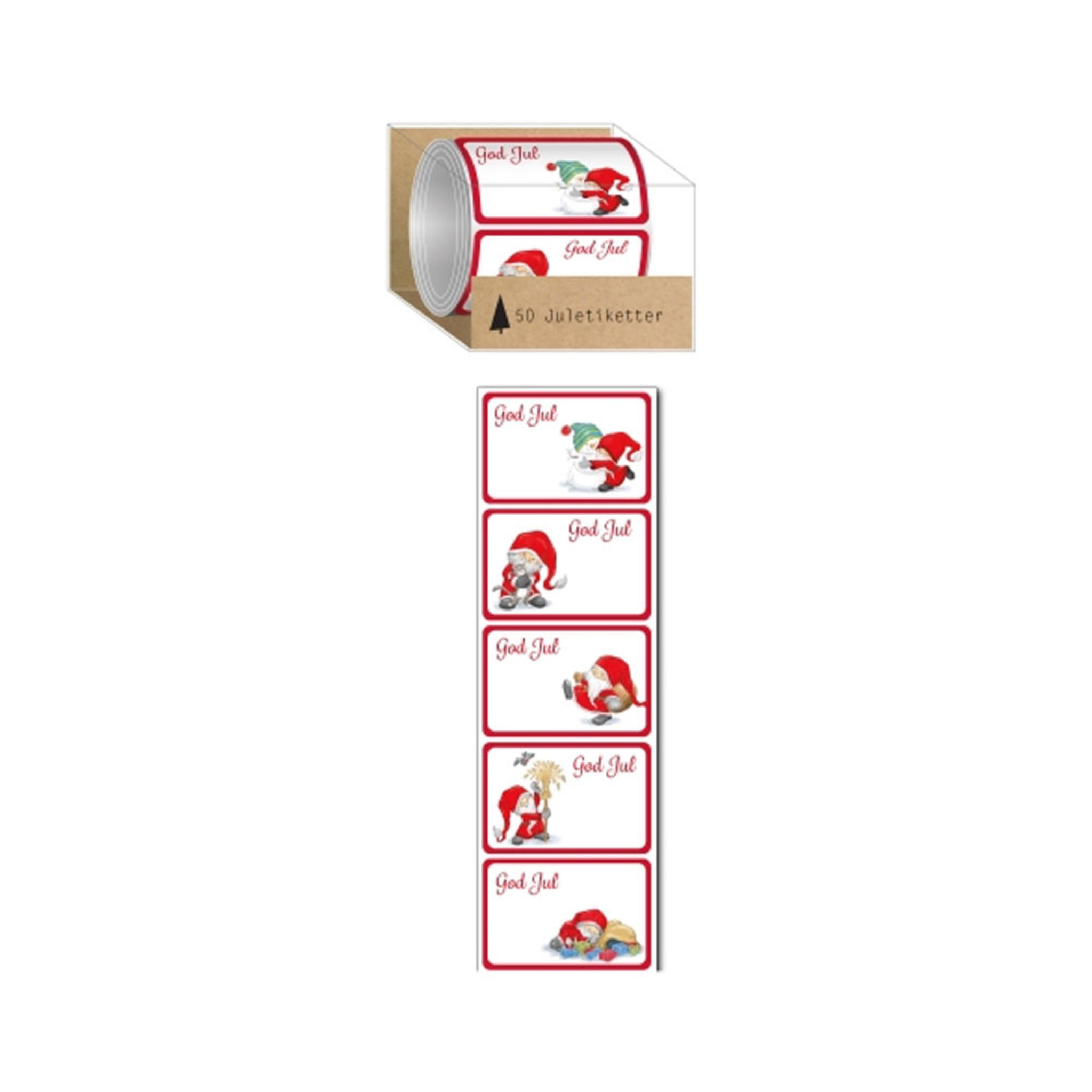 Juletiketter Tomte På Rulle I PET 50-pack