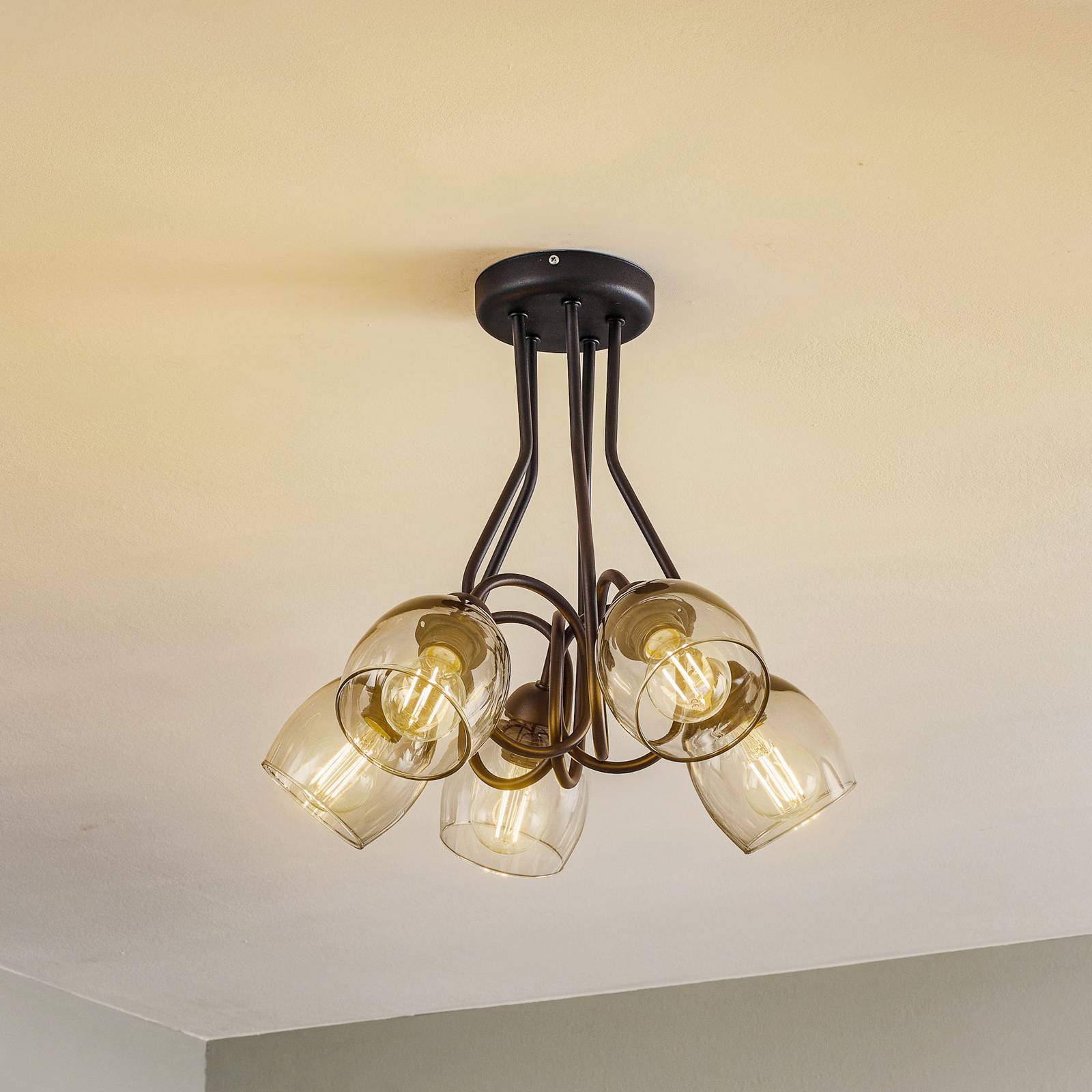 Taklampa Marietta 5 lampor med glasskärmar rökgrå