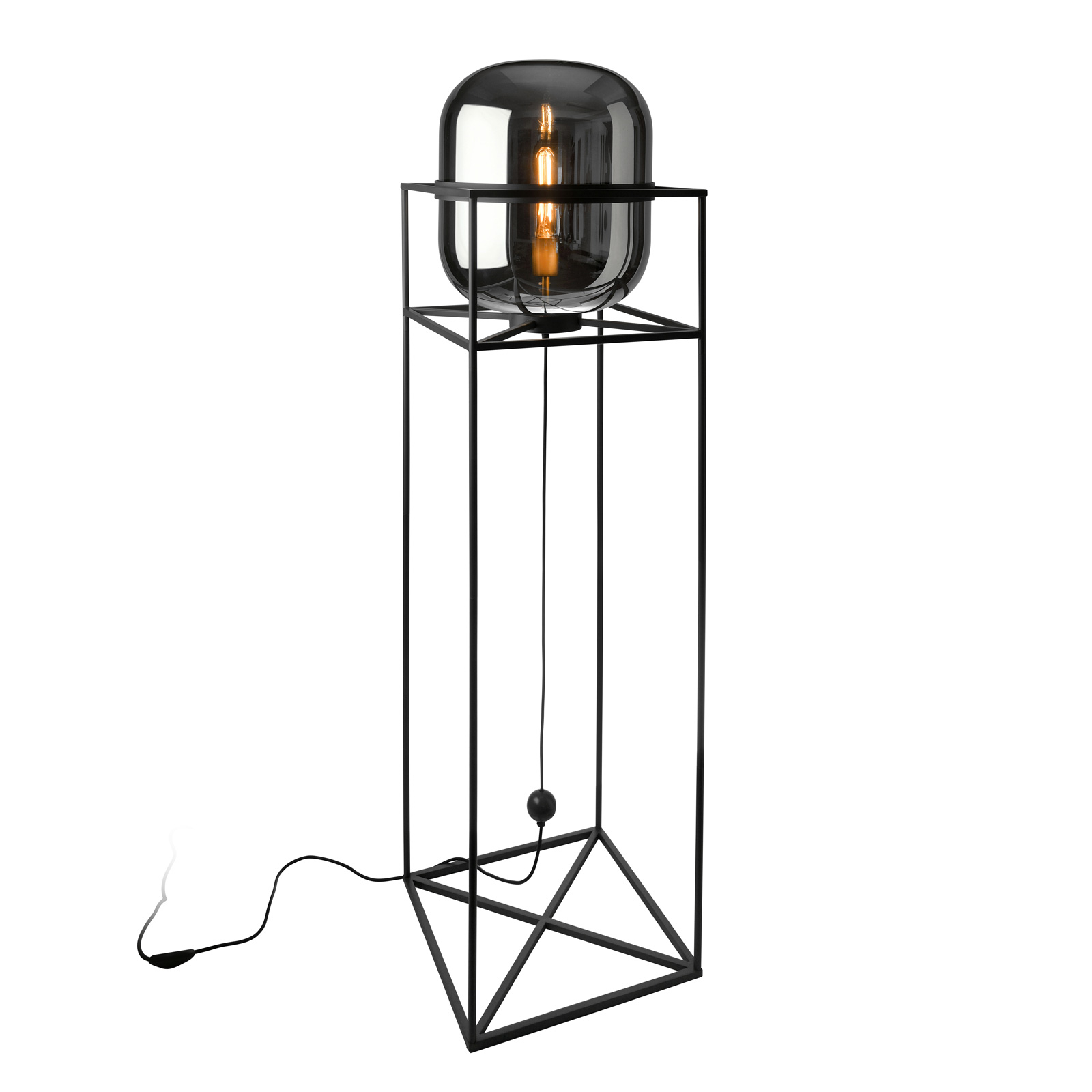 Golvlampa Baloni, metallstativ och rökglas