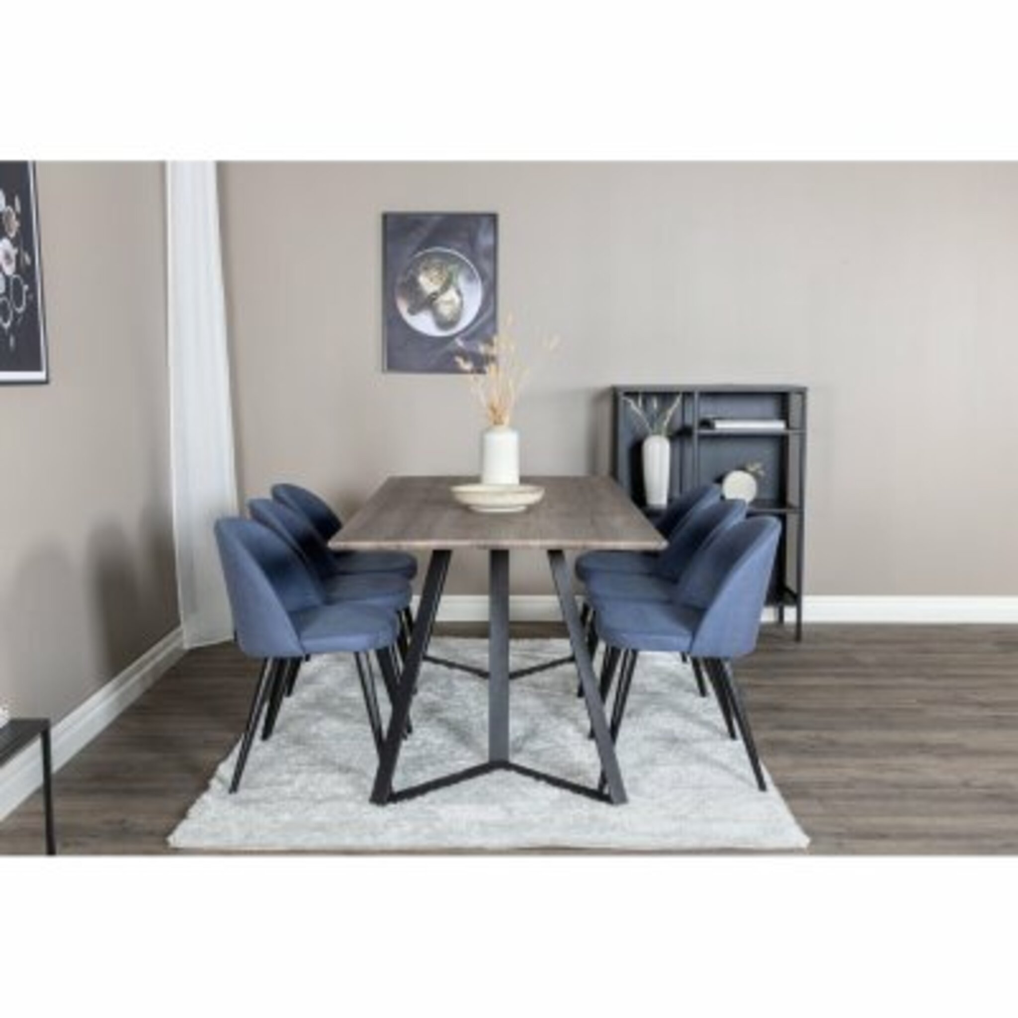 Matgrupp, matbord Marina 180x90cm, mörk natur/svart + 6 st matstol Velvet, blå/svart