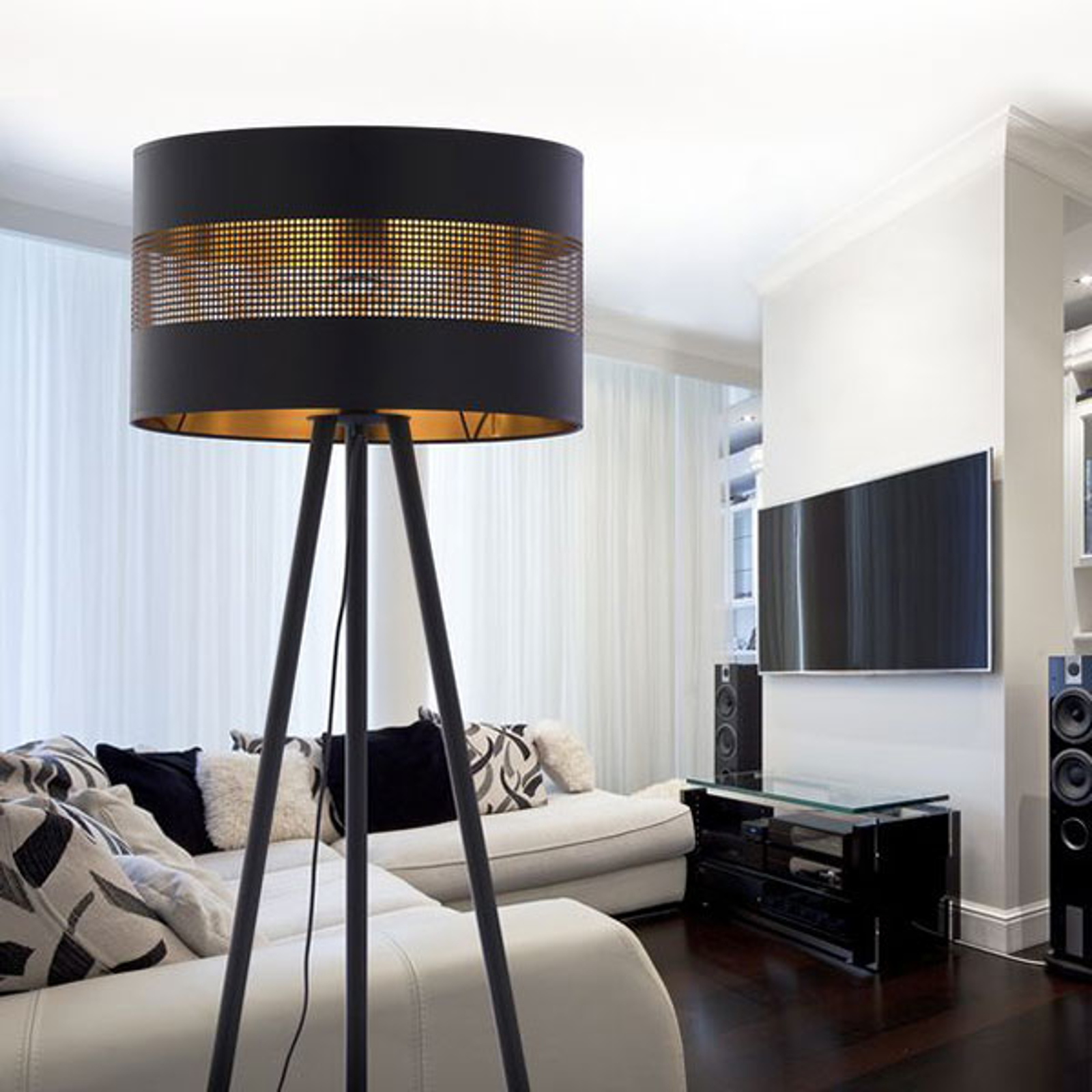 Golvlampa Tago med trebent stativ, svart/guld