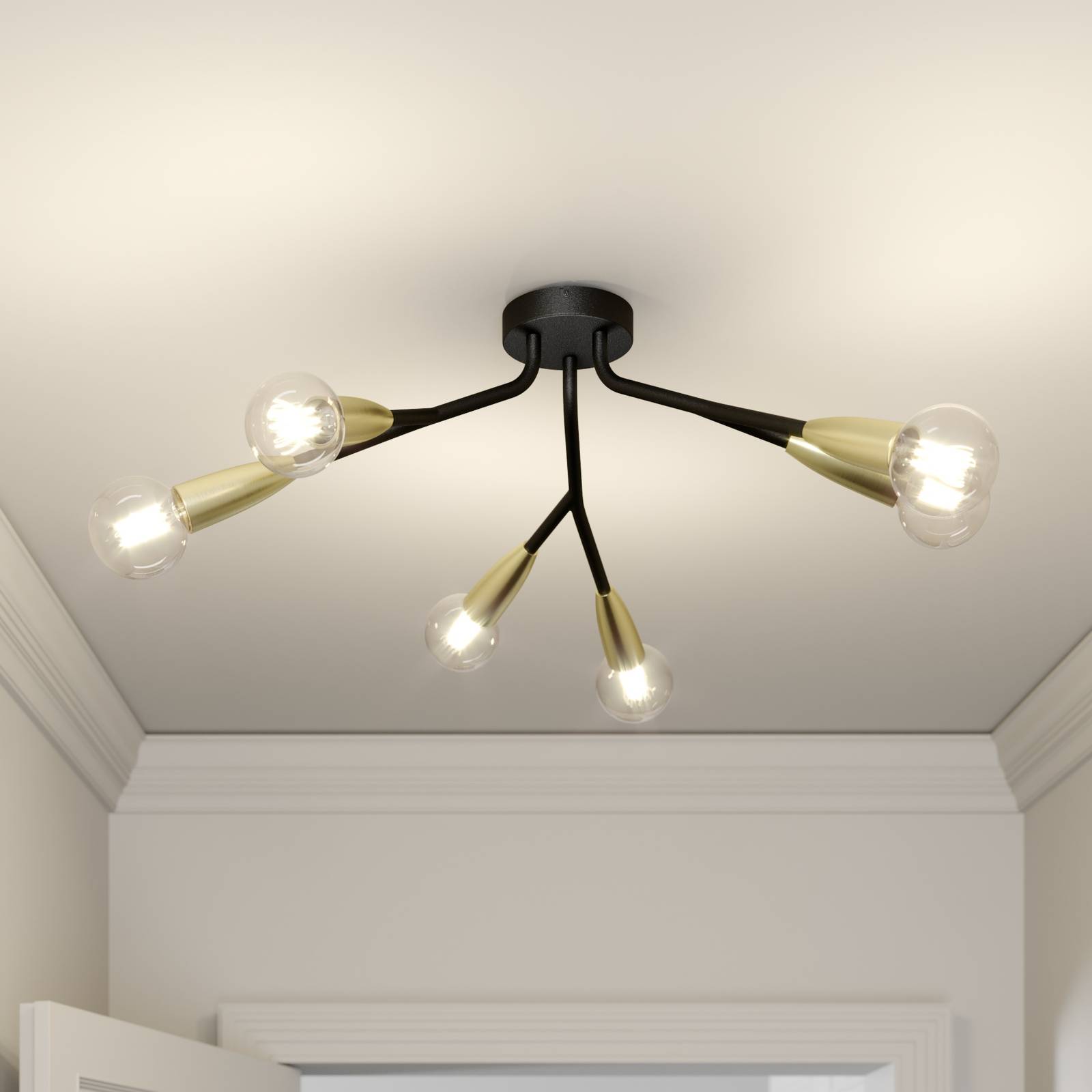 Lucande Carlea taklampa, 6 lampor svart mässing