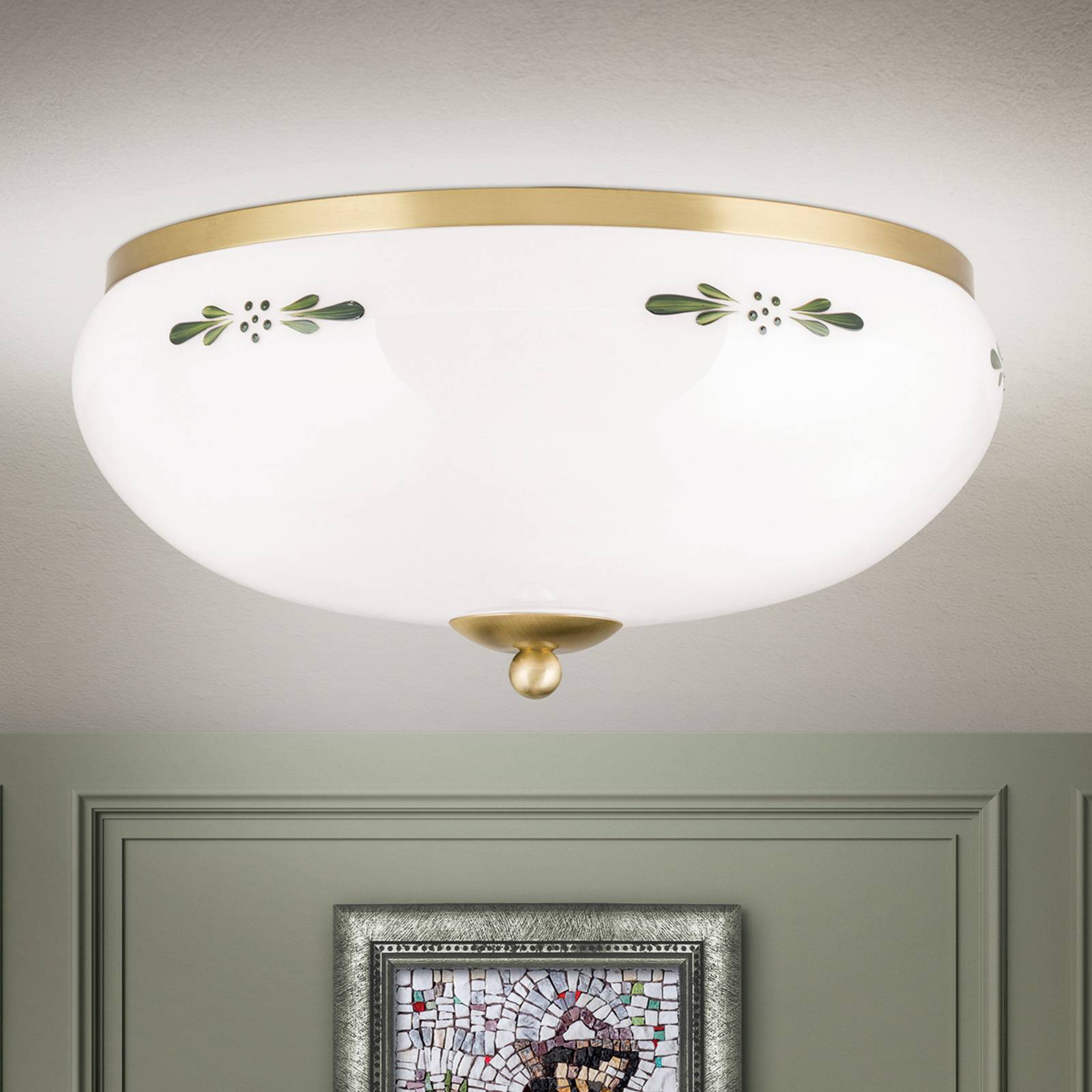 Taklampa Landhaus mässing opal grön Ø 35 cm