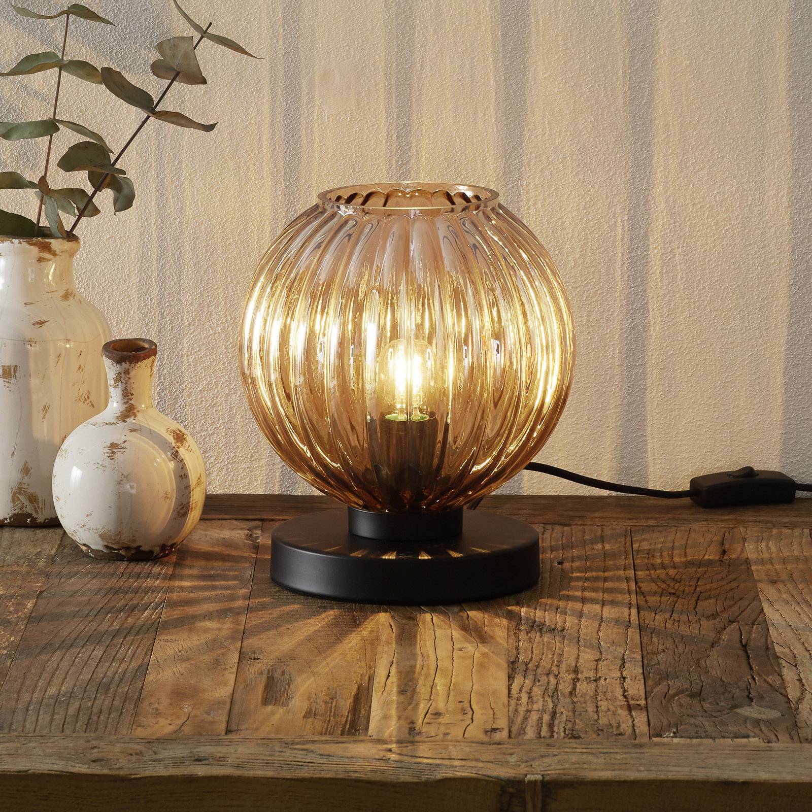 Bordslampa Zucca, glasskärm, bärnsten