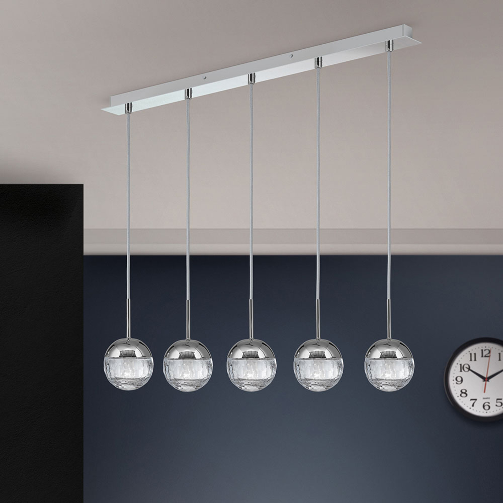 LED-hänglampa Ball, 5 lampor, nickel/silver