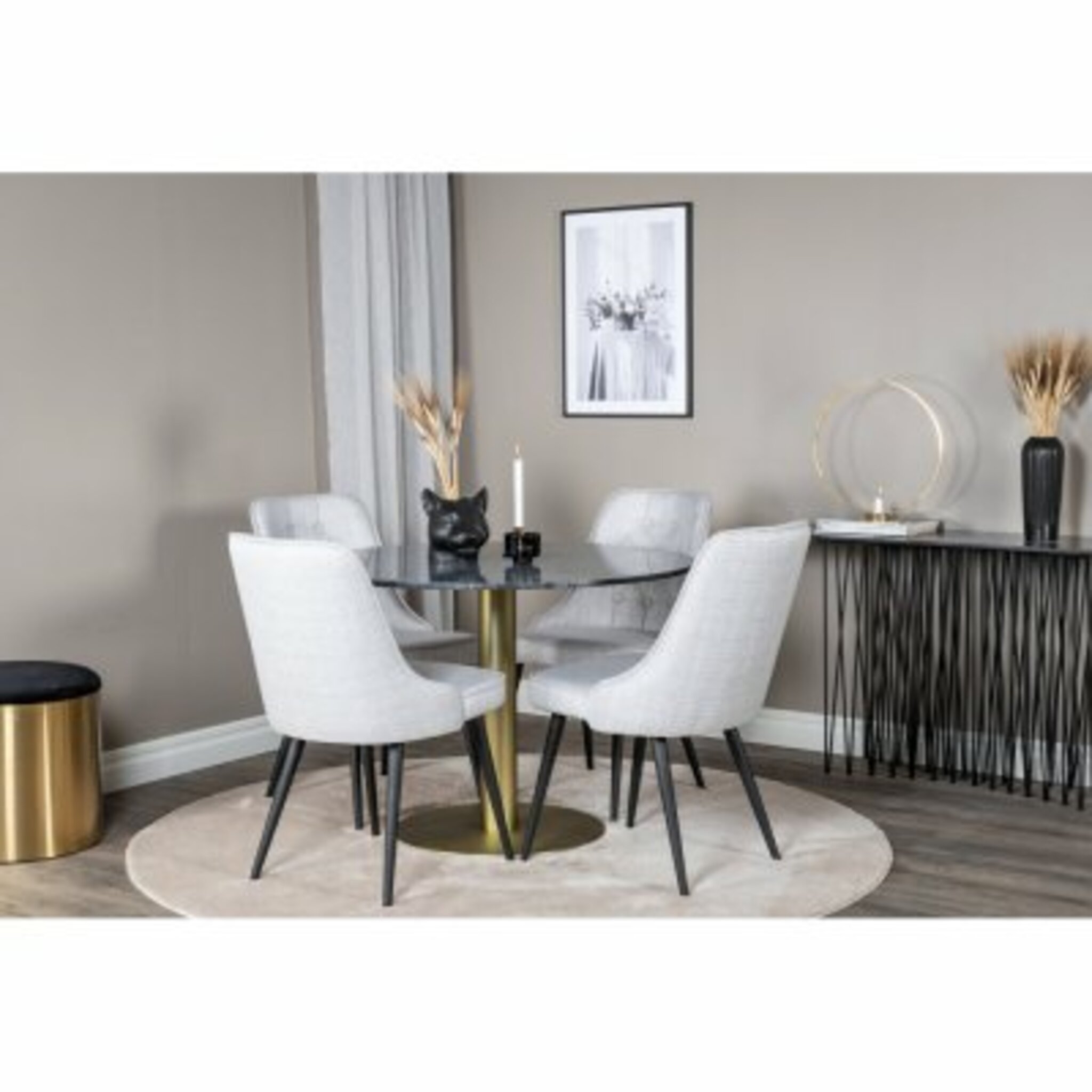 Matgrupp, matbord Estelle Ø106cm, mörk marmor/mässing-look + 4 st matstol Velvet Deluxe, ljusgrå/svart