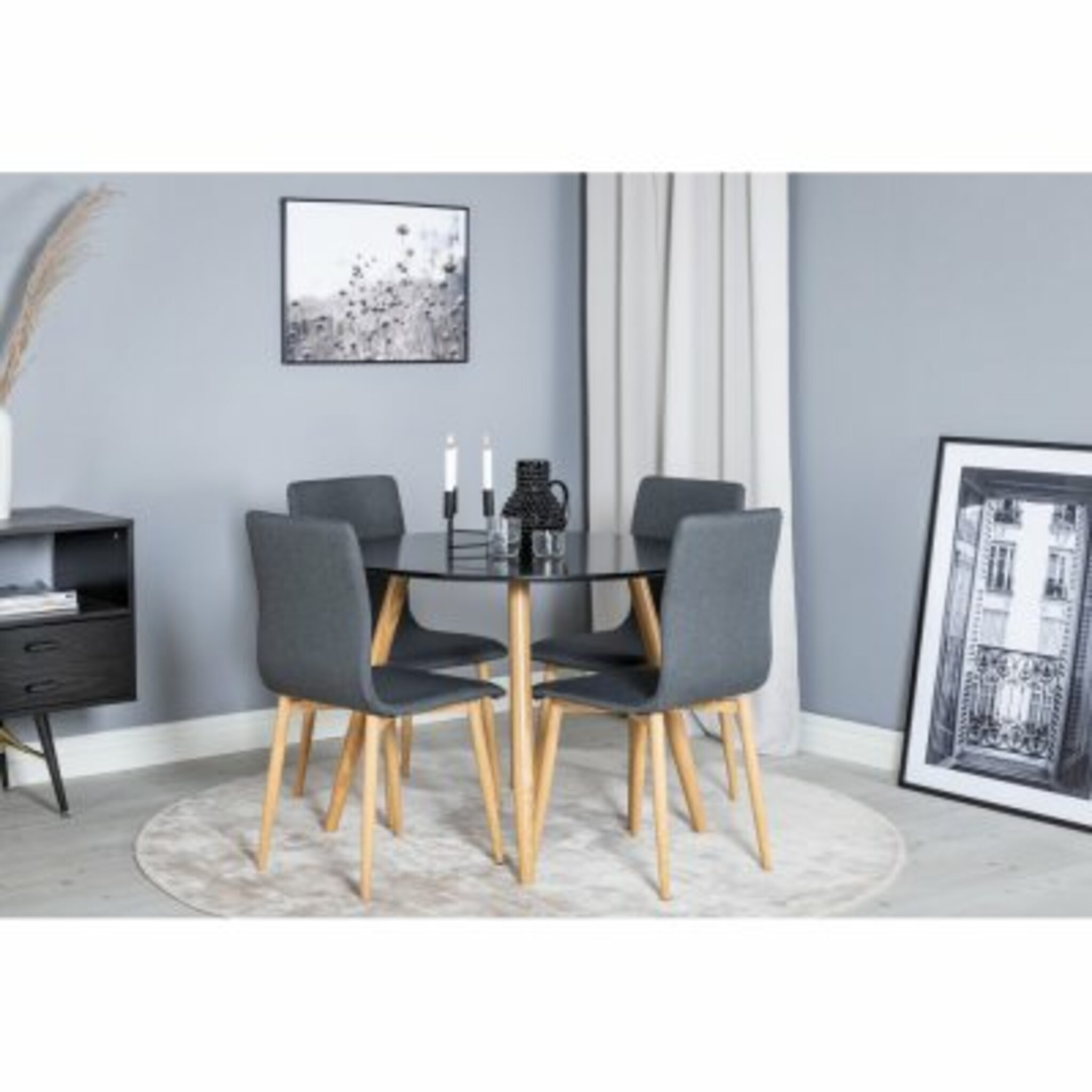 Matgrupp, matbord Plaza Ø100cm, svart/ek-look + 4 st matstol Windu grå/ek-look