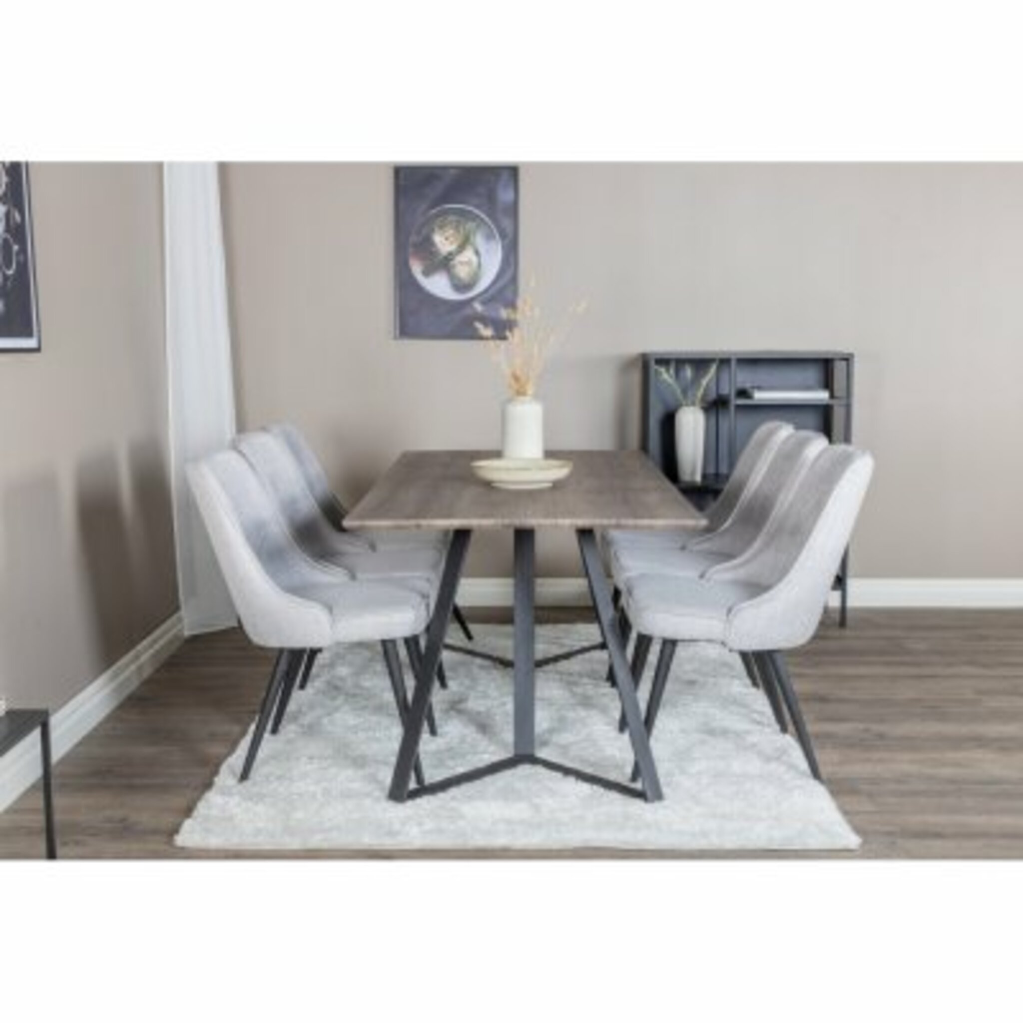 Matgrupp – Matbord Marina 180x90 cm, mörk natur/svart + 6 st Matstol Velvet Deluxe, ljusgrå/svart
