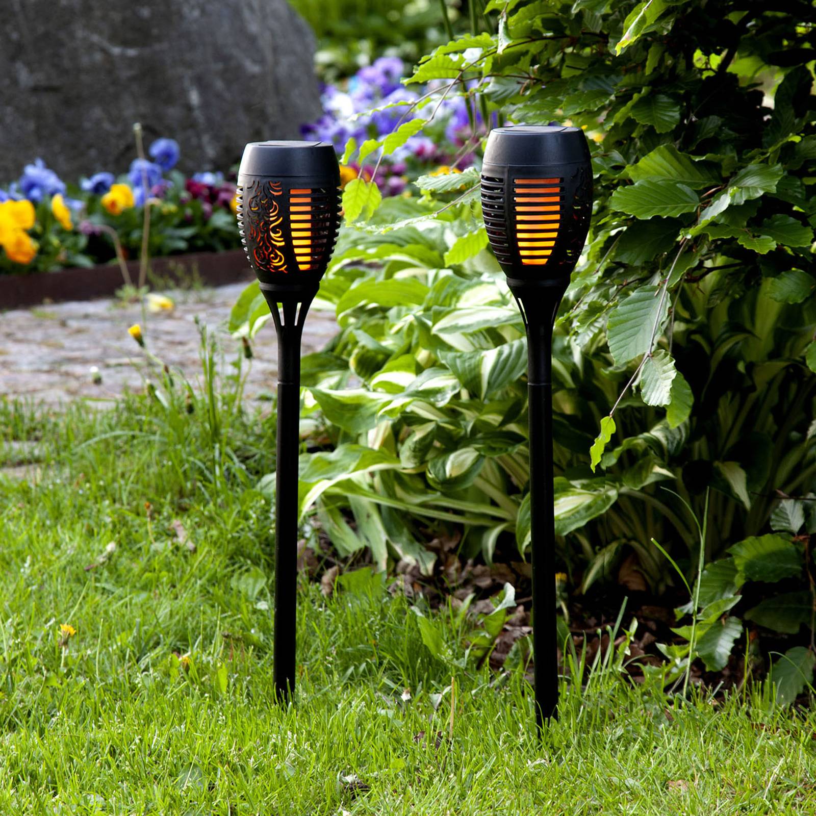LED-solcellsmarkspettlampa Flame, 2-pack