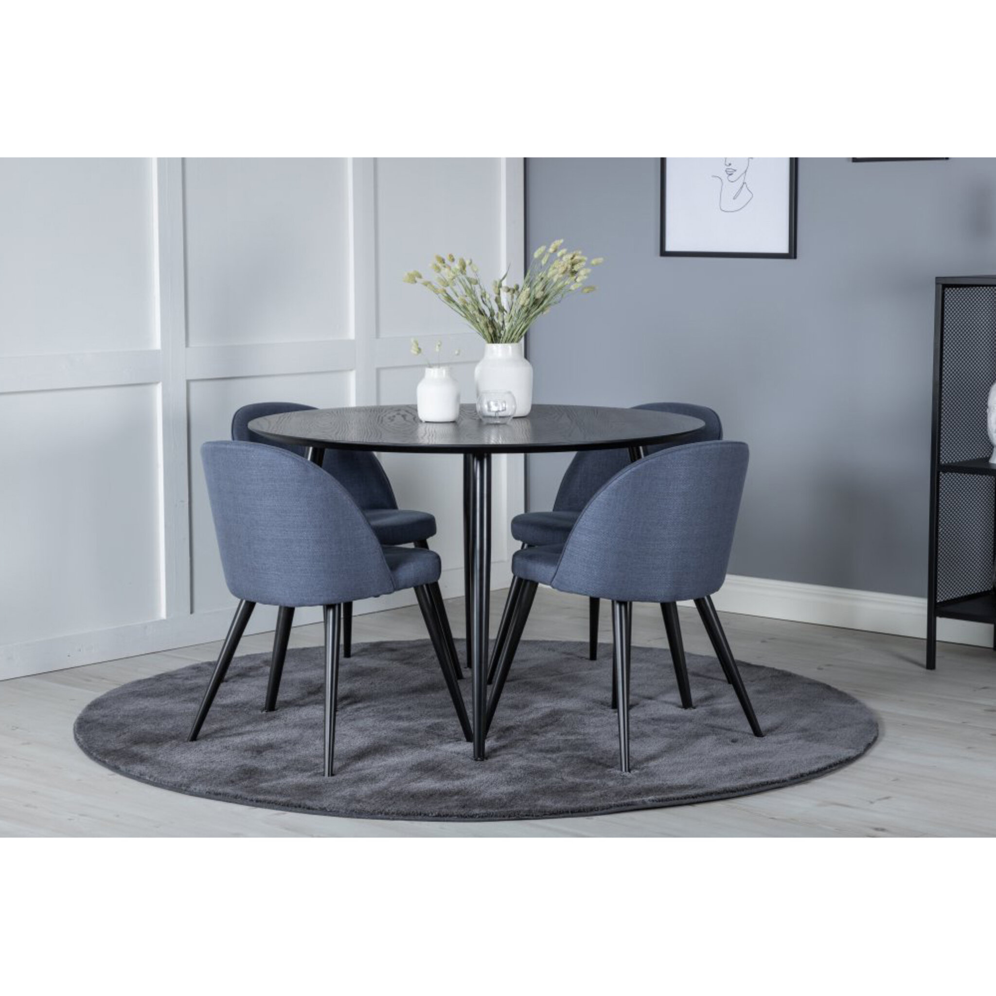 Matgrupp, matbord Dipp Ø115cm, svart trä-faner/svart + 4 st matstol Velvet, blå/svart
