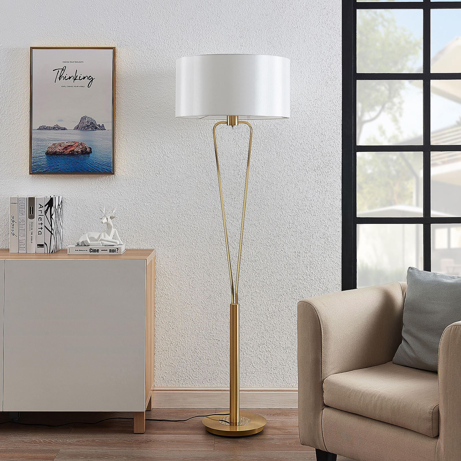 Lucande Gyda tygbordslampa, mässing matt