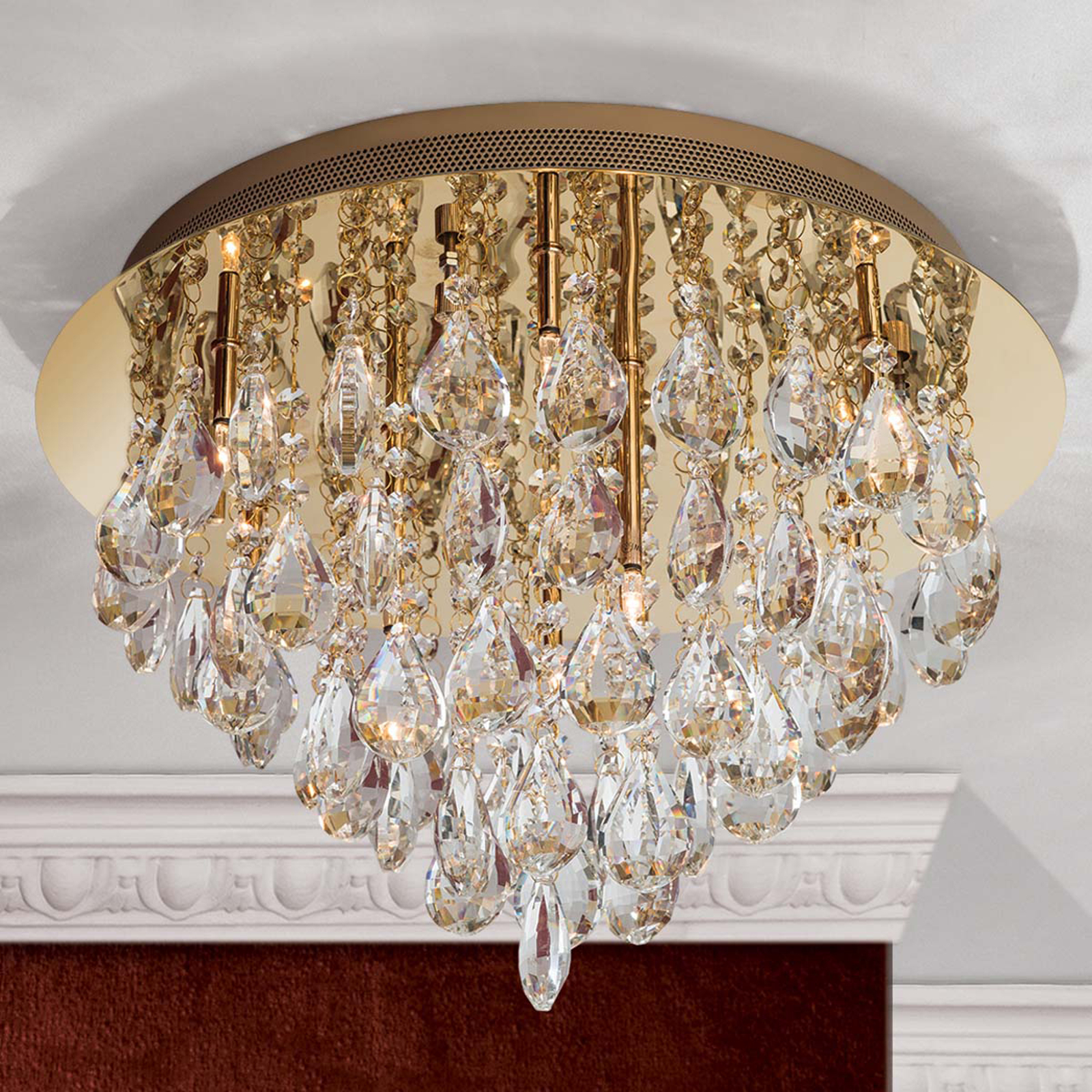 Kristall-taklampa Helen i guld, 45 cm