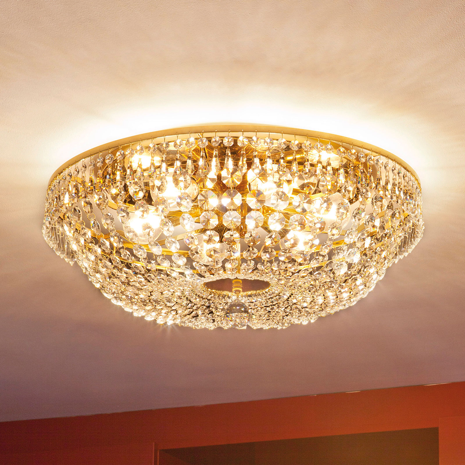Rund kristalltaklampa SHERATA, guld 55 cm