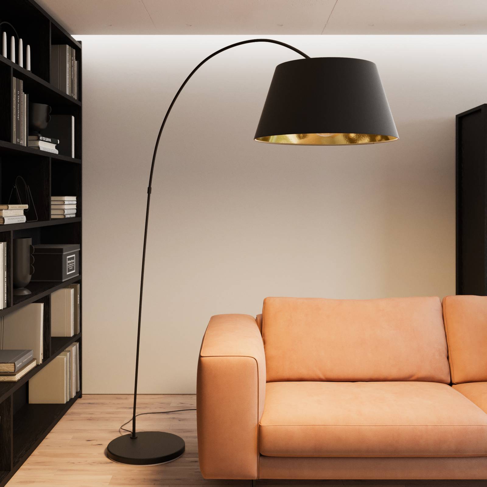 Båggolvlampa Esti med tygskärm, svart-guld