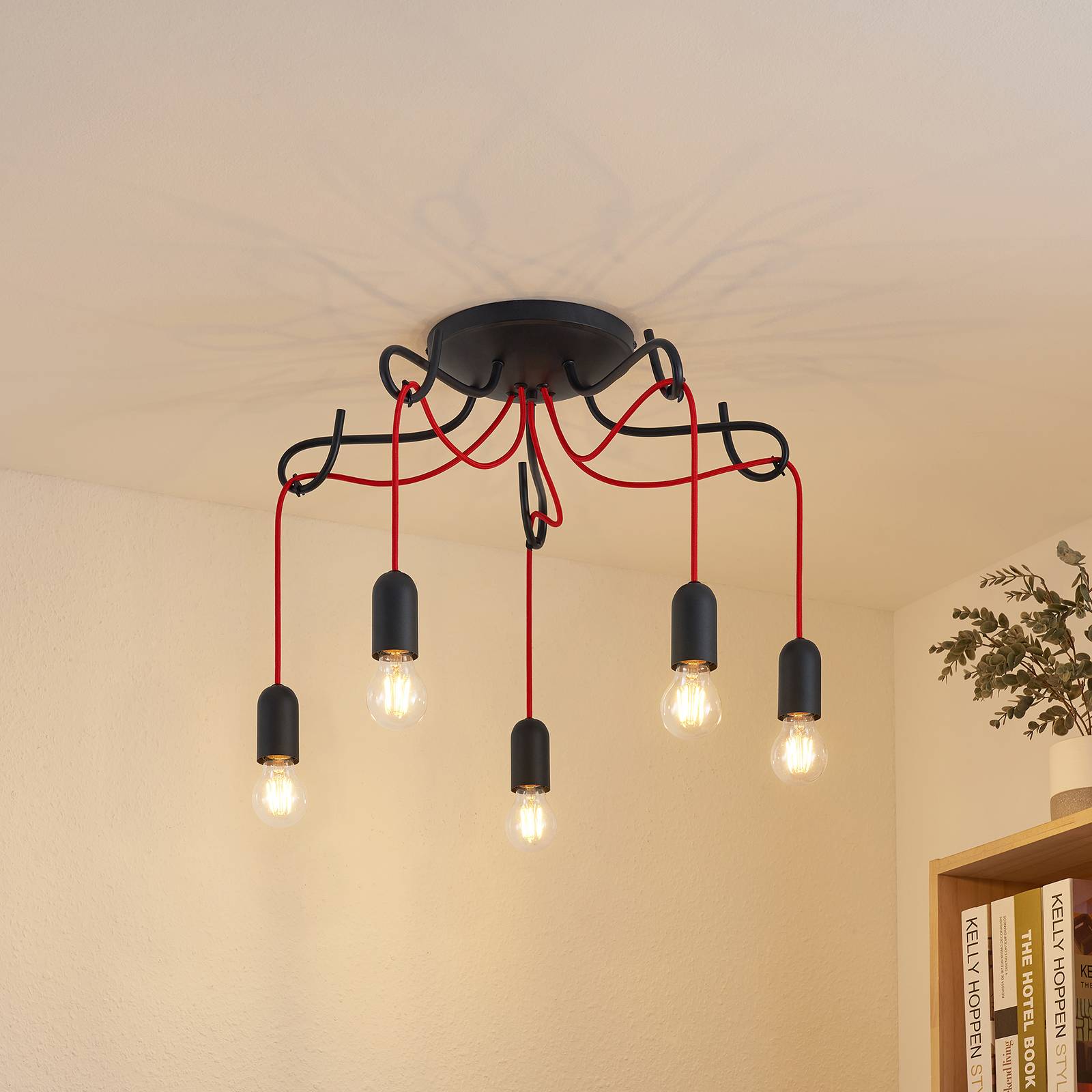 Lucande Jorna taklampa, 5 lampor, röd kabel
