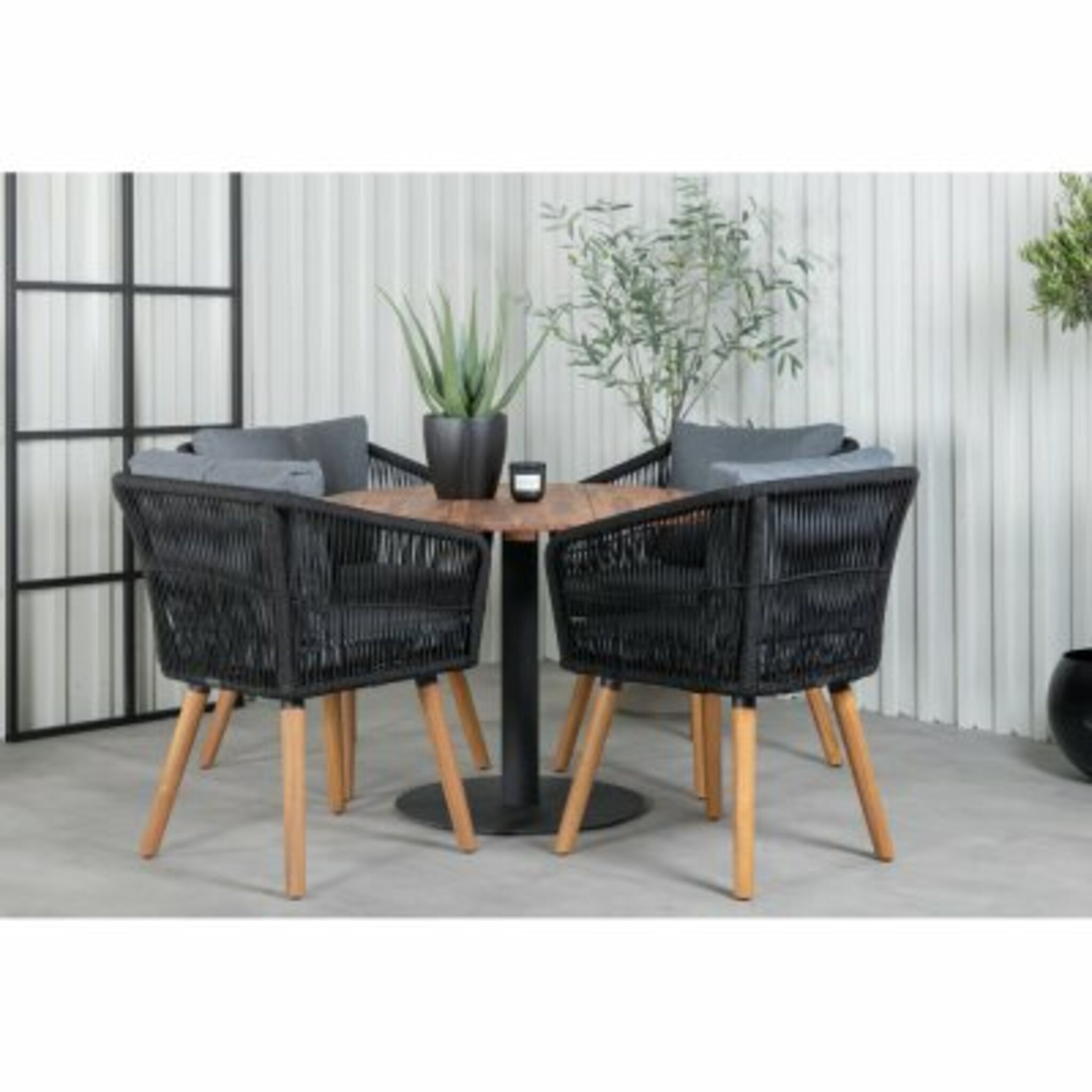 Loungestol/karmstol Chania med dyna 2-pack, svart/grå/trä/akacia