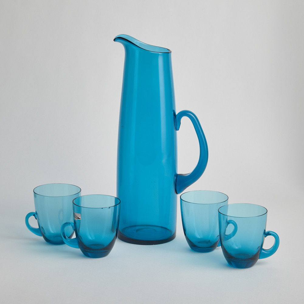 Vintage - Karaff och Koppar 4 st i Blått Glas