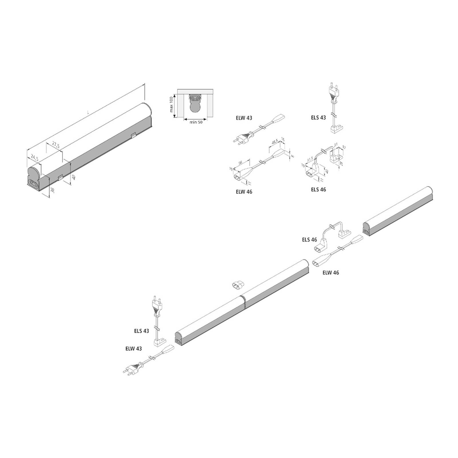 LED-ljuslist EcoLite F HO tillbyggnad 4000 K 60cm