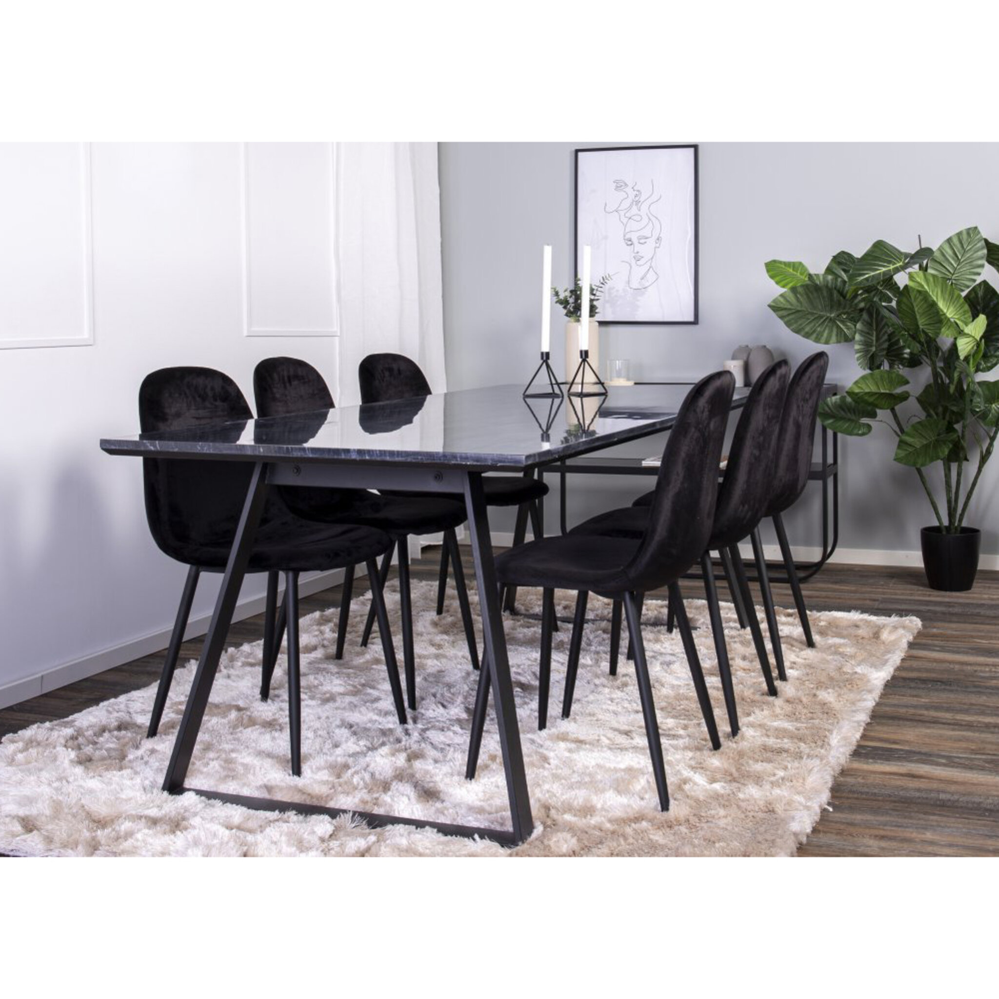 Matbord Estelle 200x90cm, mörk marmor/svart