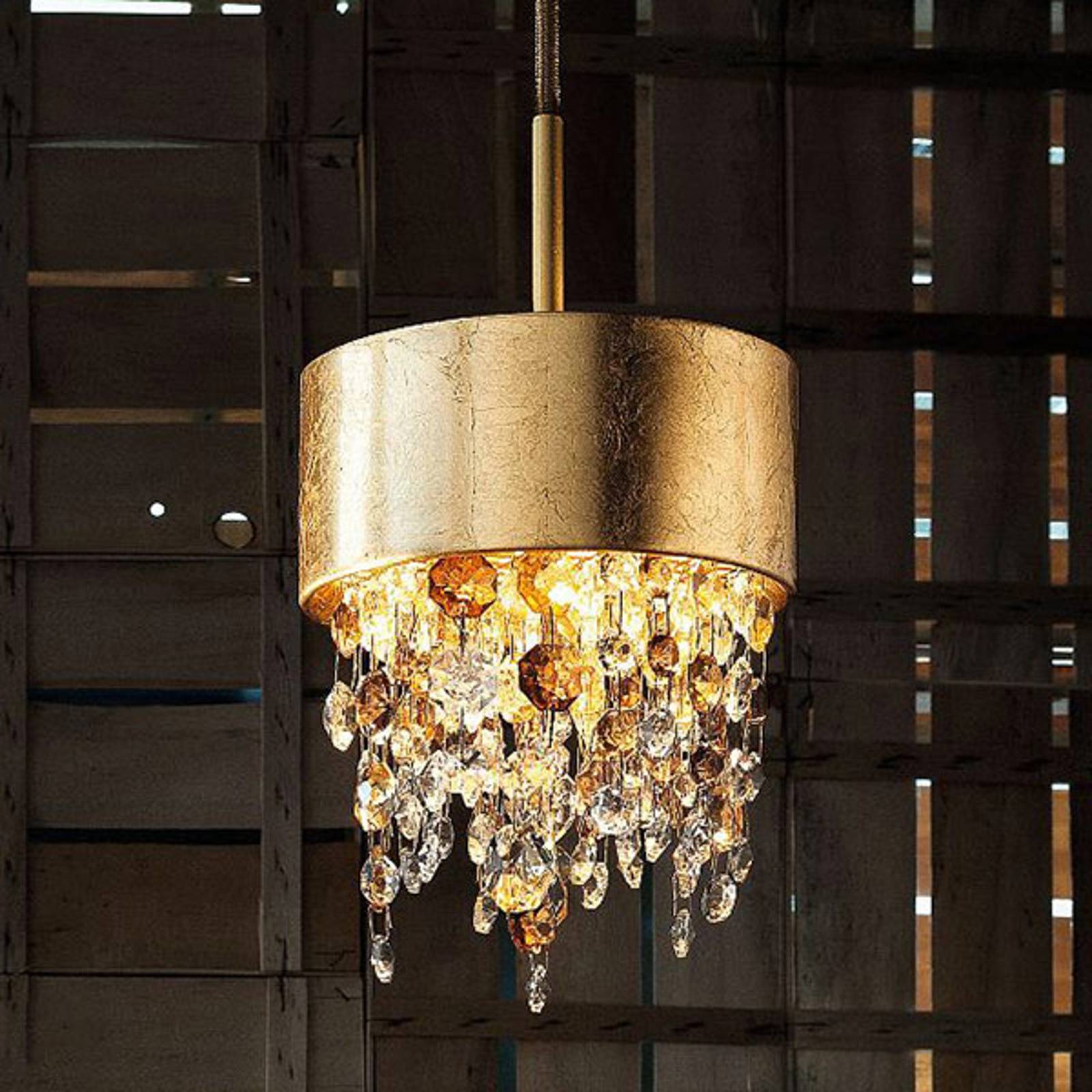 LED-hänglampa Olà S2 15, Ø 15 cm bladguld/bärnsten