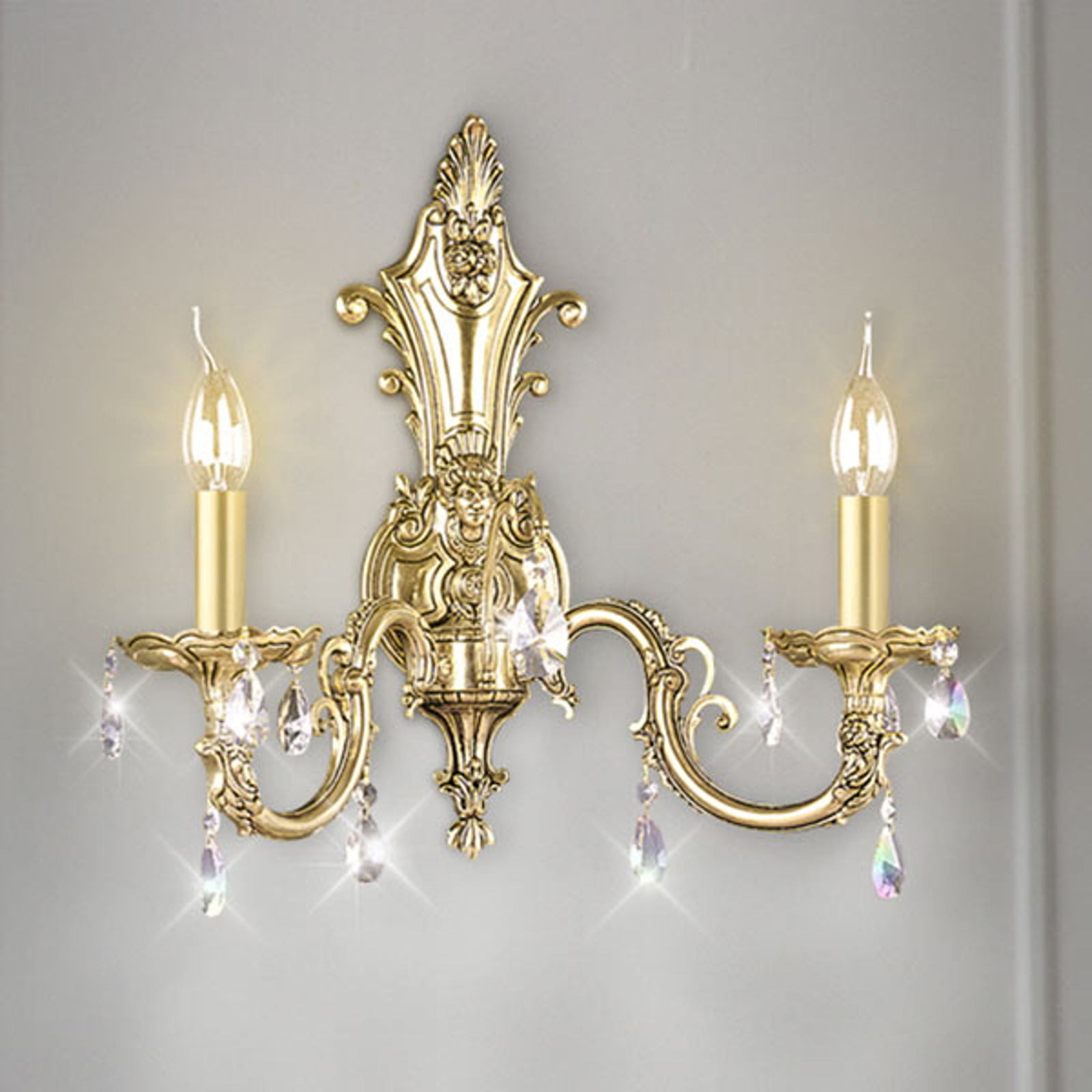 Vägglampa Royal med kristaller, 2 lampor, guld
