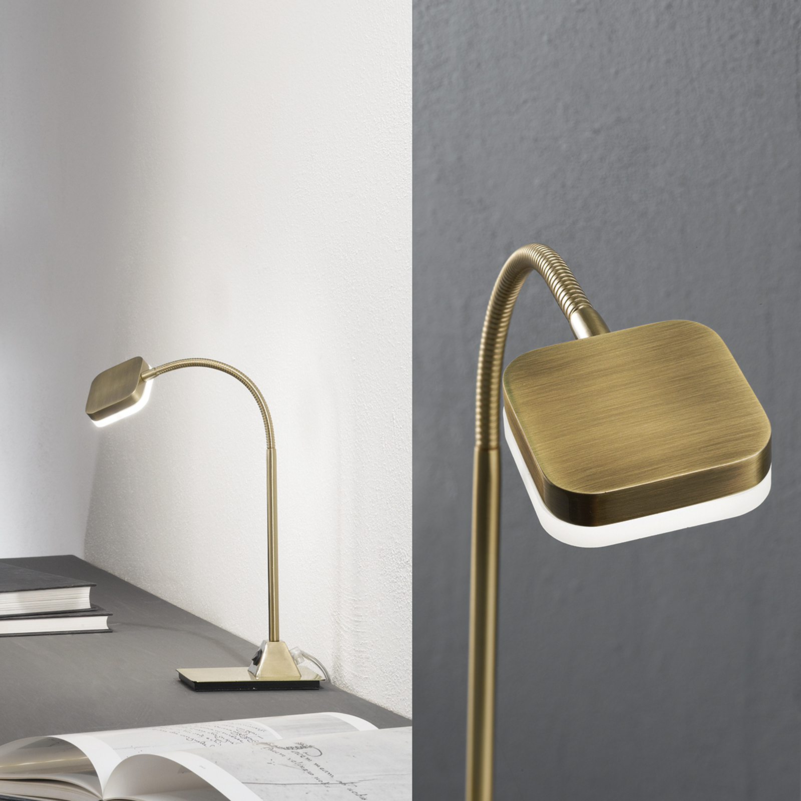Flexibel LED-bordslampa Tobias, antikmässing