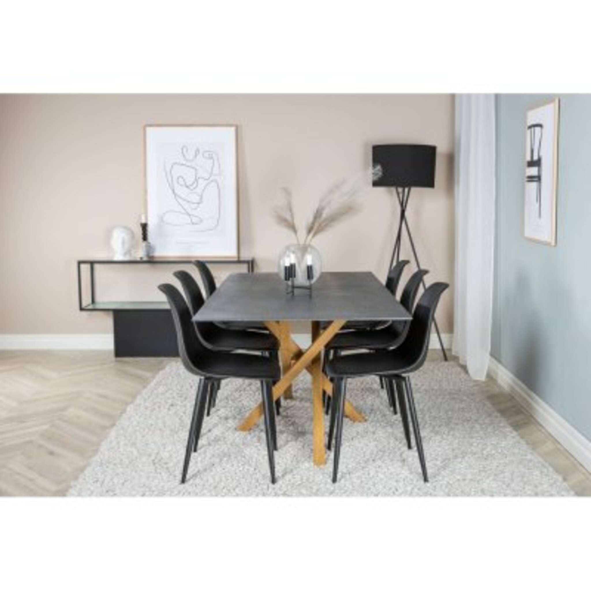 Matgrupp, matbord Piazza 180x90cm, sprayglas/sten-look/ek-look + 6 st matstol Polar, svart