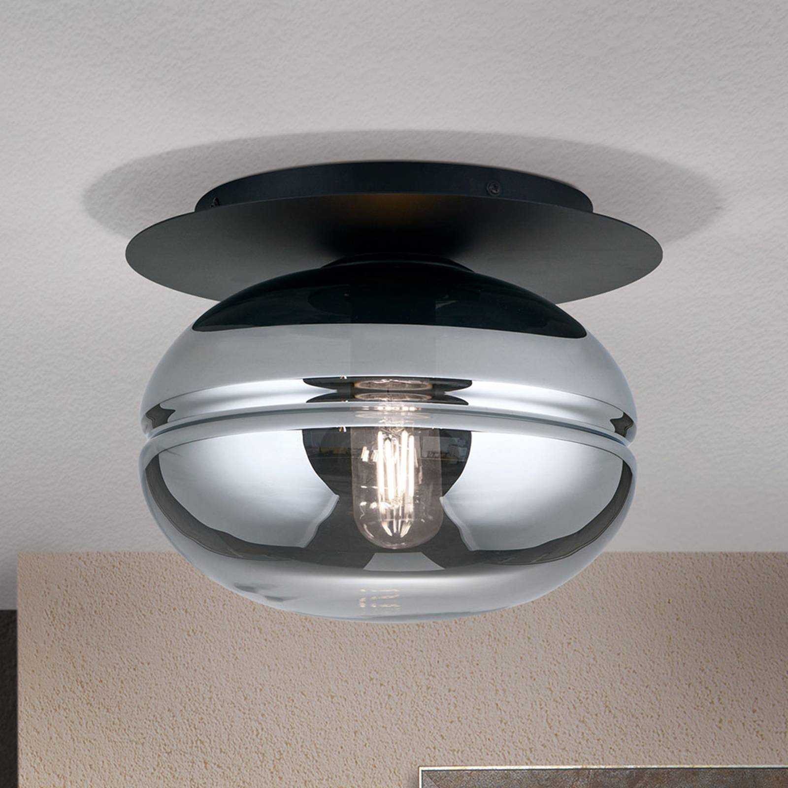 Taklampa Richard, metall svart, glas rök