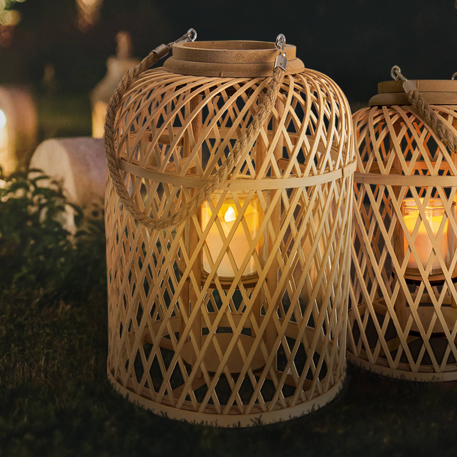 LED-solcellslykta Korg, bambu, höjd 38 cm, natur