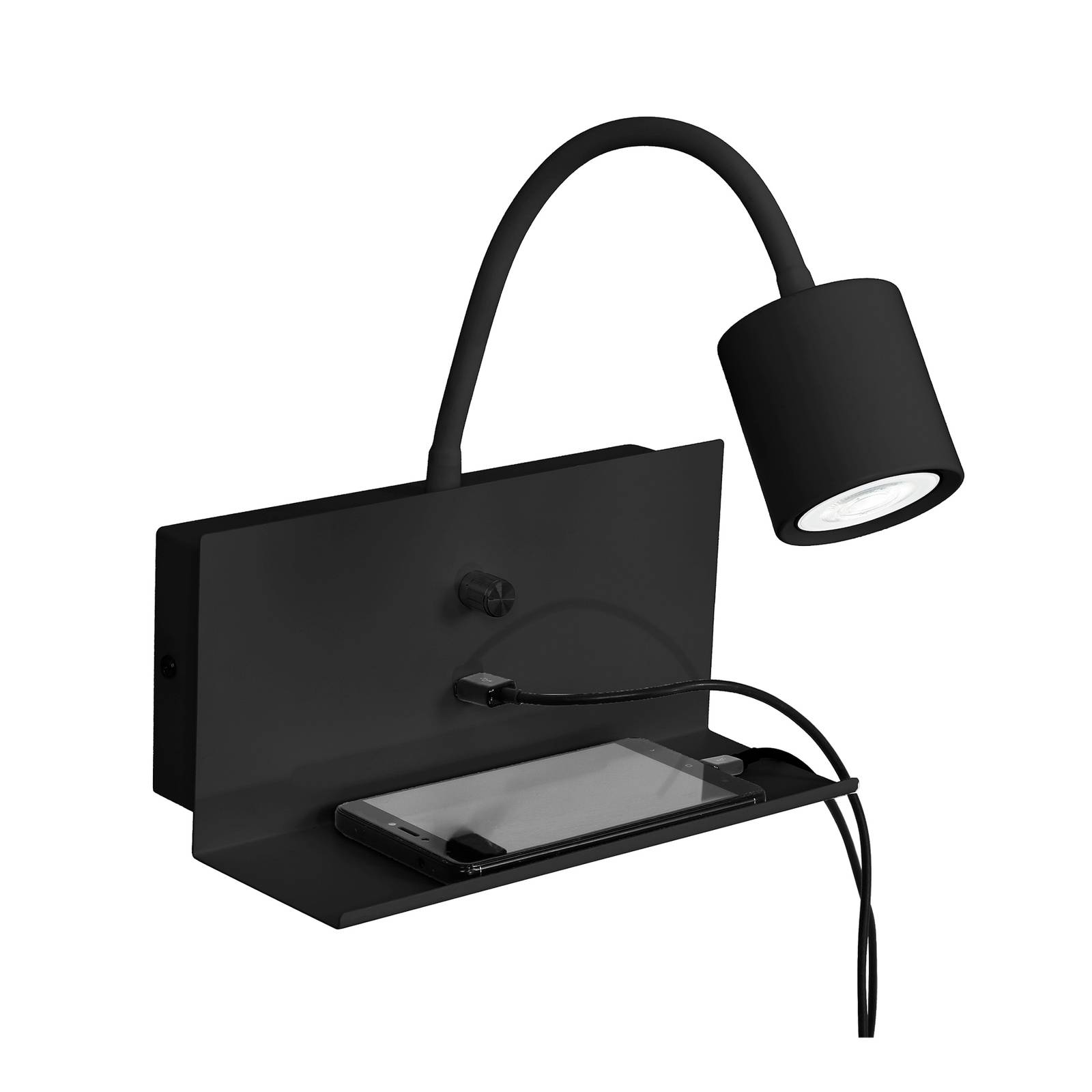 Spotlight till vägg Modo, hylla, USB-port, svart
