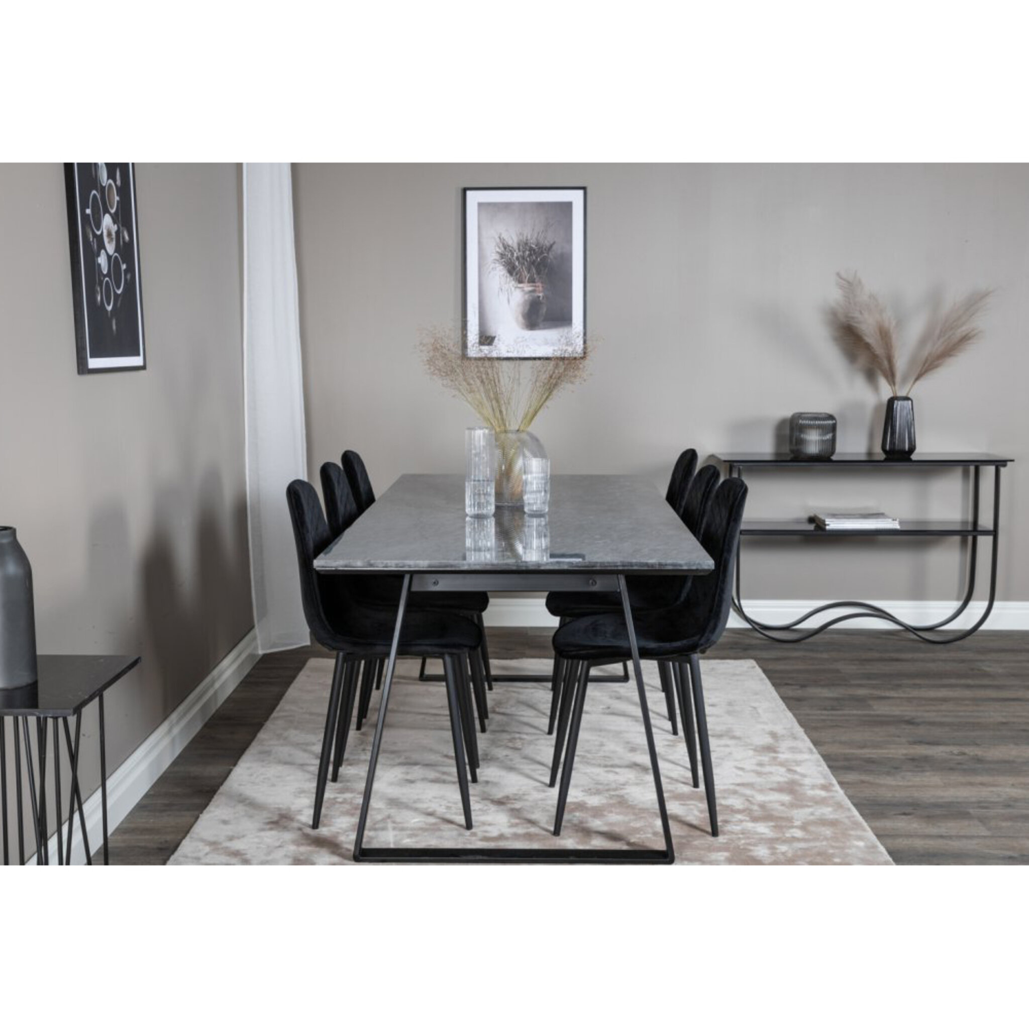Matgrupp, matbord Estelle 200x90cm, mörk marmor/svart + 6 st matstol Polar Diamond, svart sammet/svart